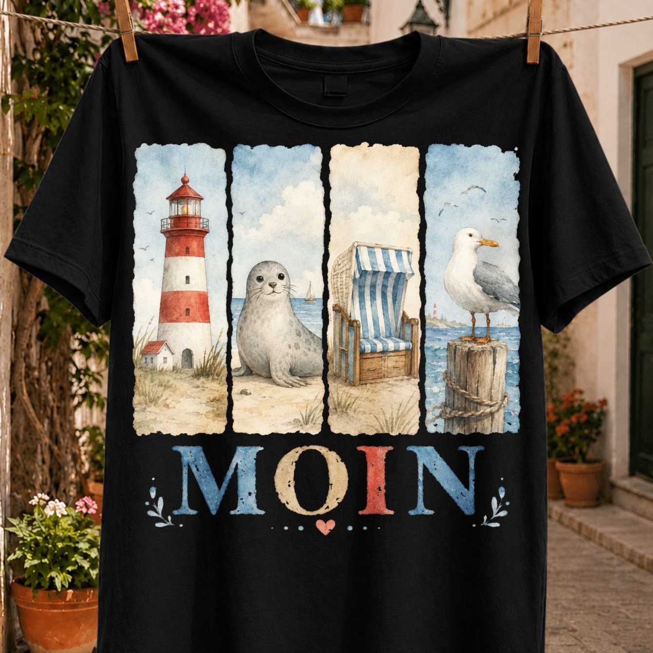 Moin Coastal Watercolor Lighthouse Seal Beach And Seagull In 4 Seaside Panel Illustrations Unisex All T-shirt