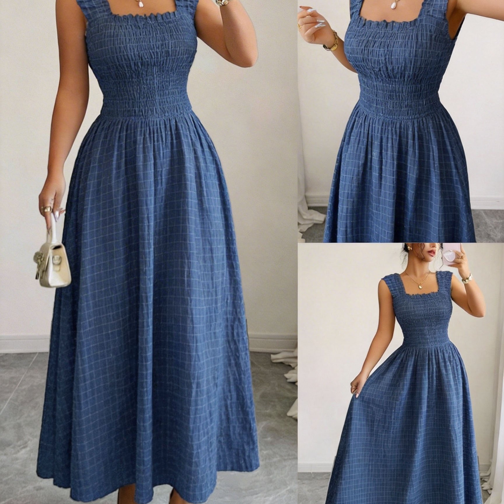 TEMU Vacation-inspired Navy Blue Strappy Dress With Textured Surface, Square Neckline, Small Flutter Sleeves, And Elegant Long Dress
