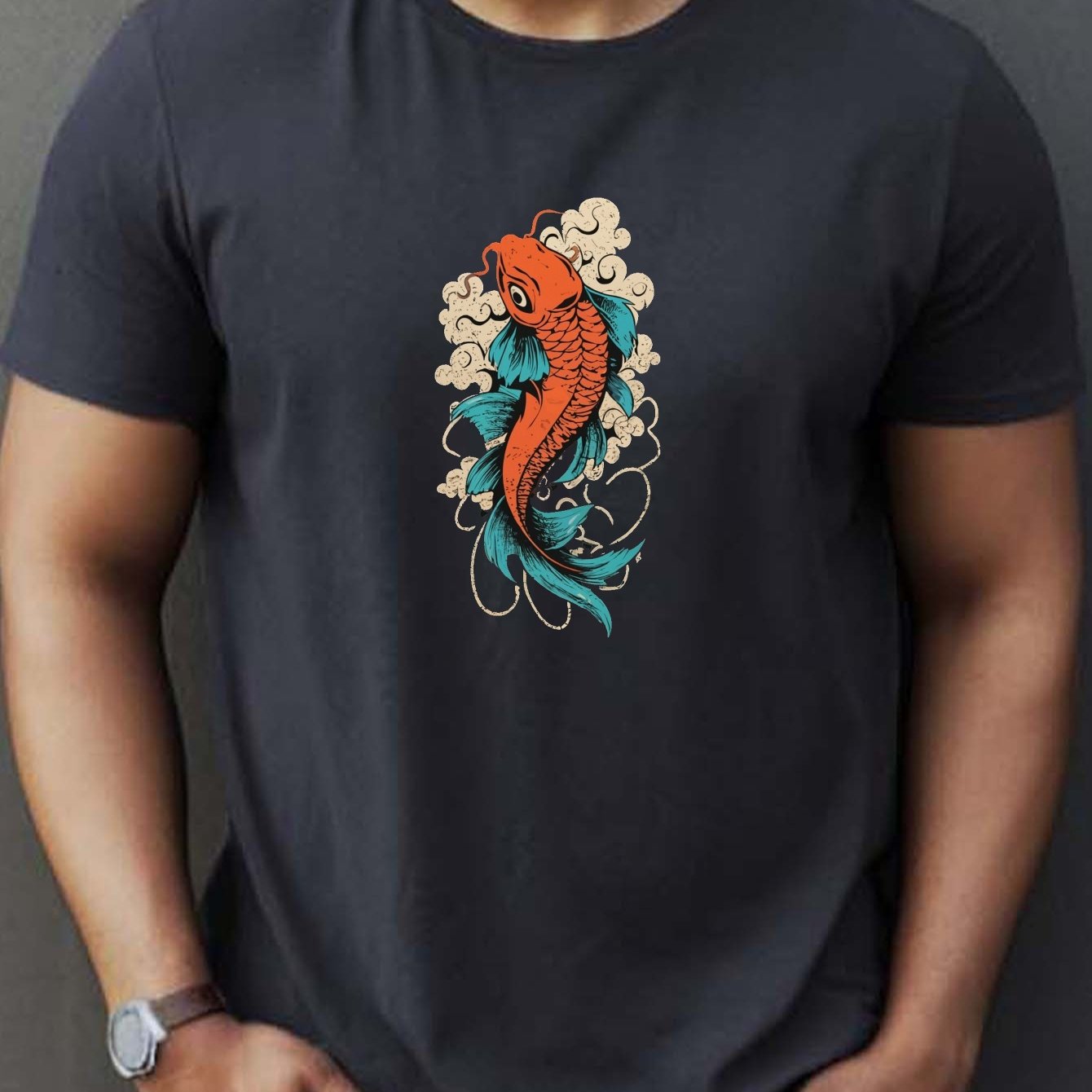 Men's T-shirt Cotton Blend Short Sleeve Koi Fish Print Casual Tee