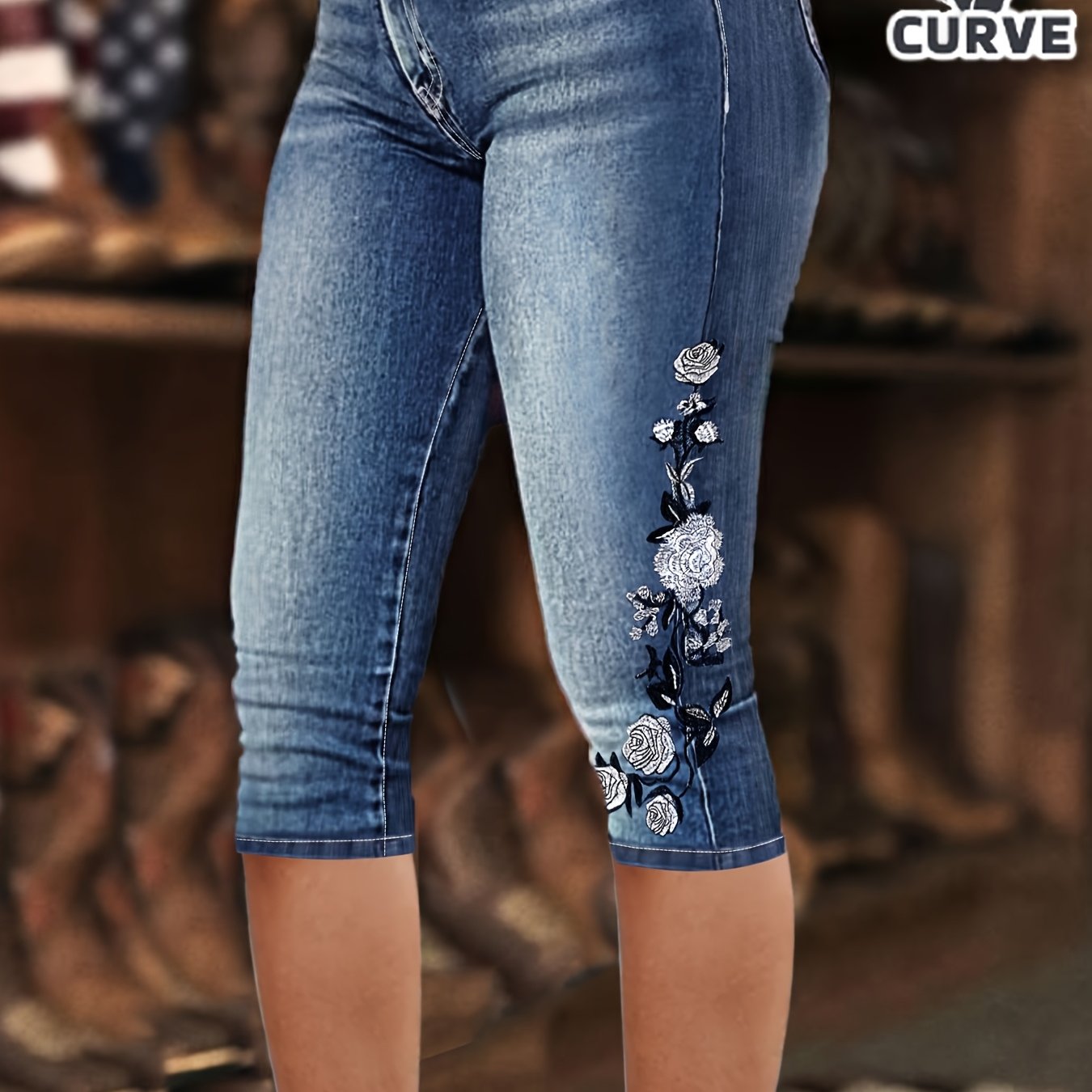 Women' Plus Size High Waisted Stretch Denim Capris - Vintage Blue Jeans With Floral Embroidery , Beltless Zipper Closure & Wide Suitable For Spring Summer Daily Wear, Casual Outfits, Machine Washable