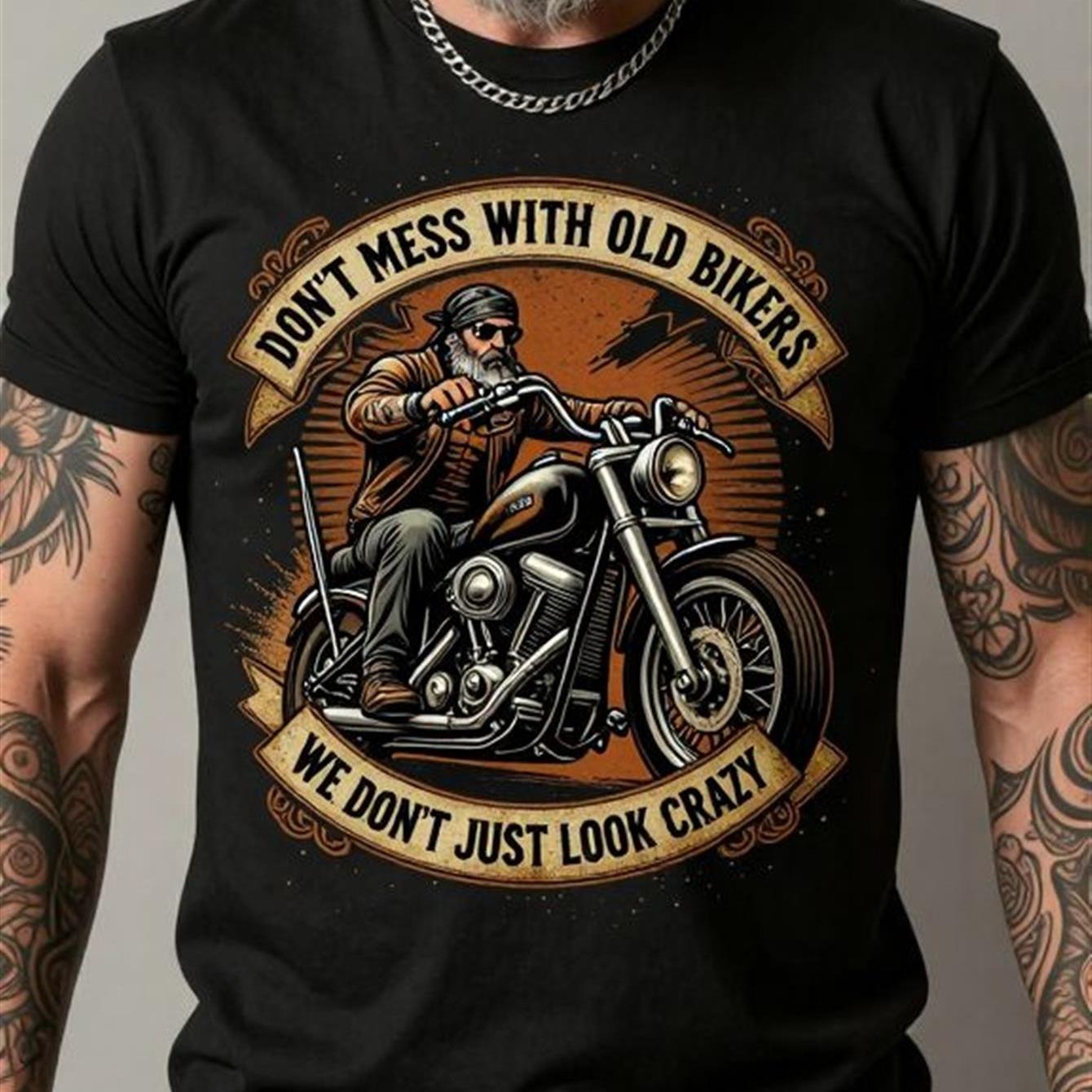 TEMU Men' Biker T-shirt - "don't Mess With Old Biker" Design, Black Round Neck Tee, Fit For Tall Men, Summer Casual Wear, Fashionable Heavyweight