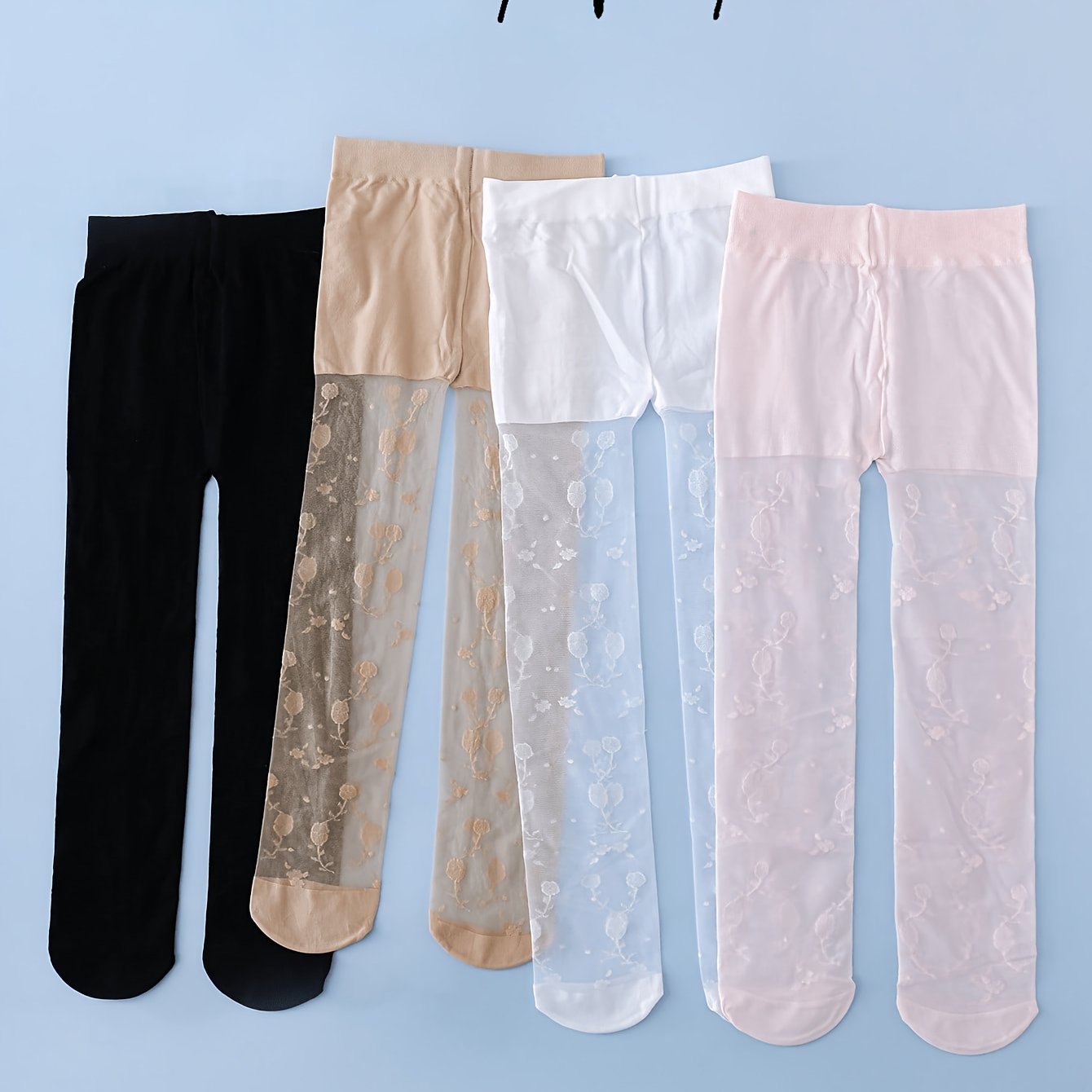 Image of 4pcs Girls' Tights, Summer Ultra-thin Breathable Elastic Dance Leggings, Kids Floral Print Base Socks, Stockings