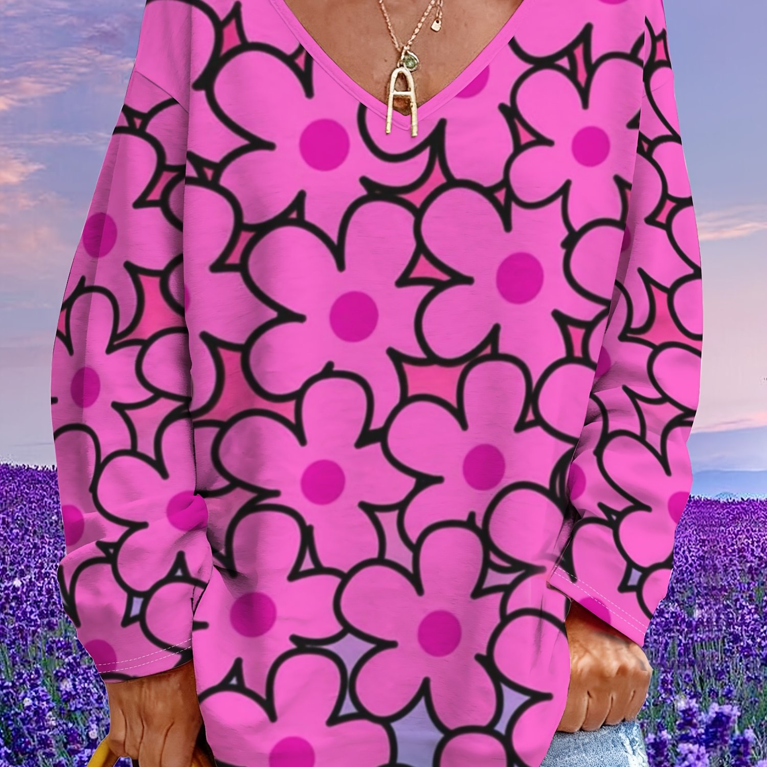 TEMU Women's V-neck Long Sleeve Top -- Pink Base With Hand-painted Floral Print, Loose Fit, Casual And Comfortable, Versatile Daily Trendy Style