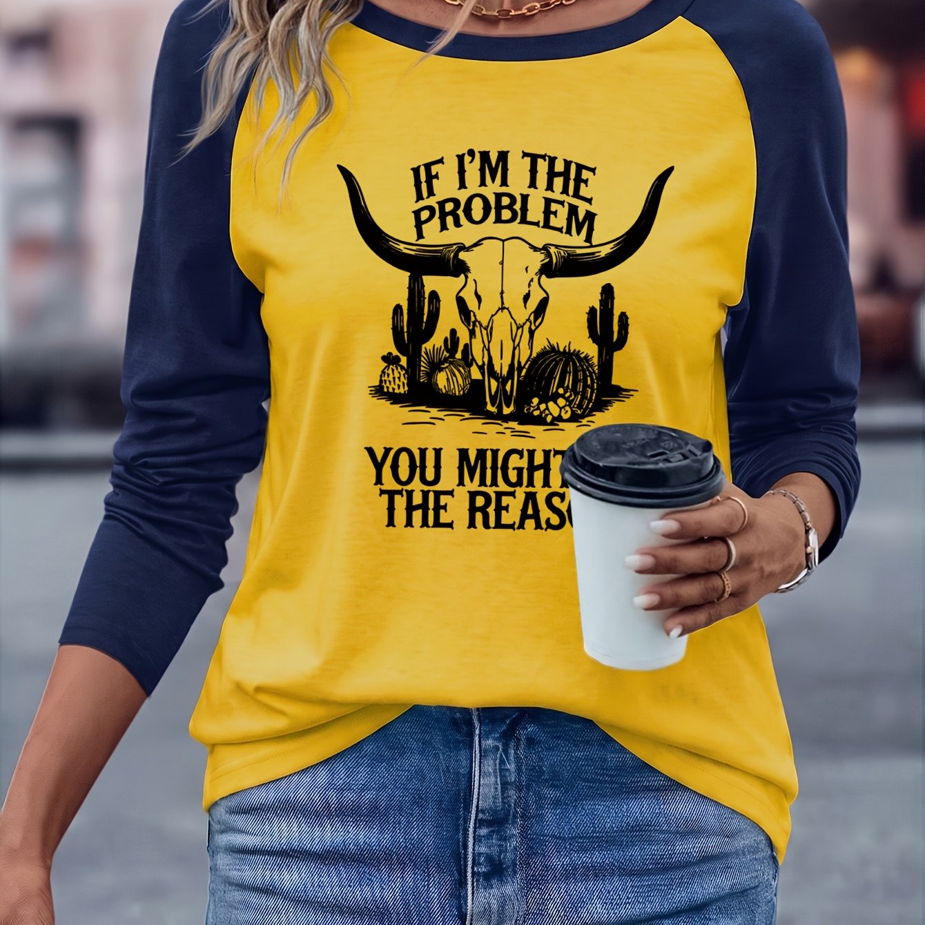 TEMU Country Music Pattern Print Women's Fall Winter Top Casual Versatile Comfortable Leisure Contrast Off-shoulder Long Sleeve T-shirt
