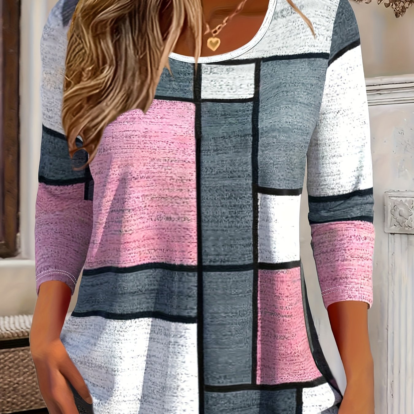 Image of Plus Size - Plus Size - Autumn Women's Fashion Print Long Sleeve T-shirt Round Neck Loose Casual T-shirt Plus Size Top Women's Clothing
