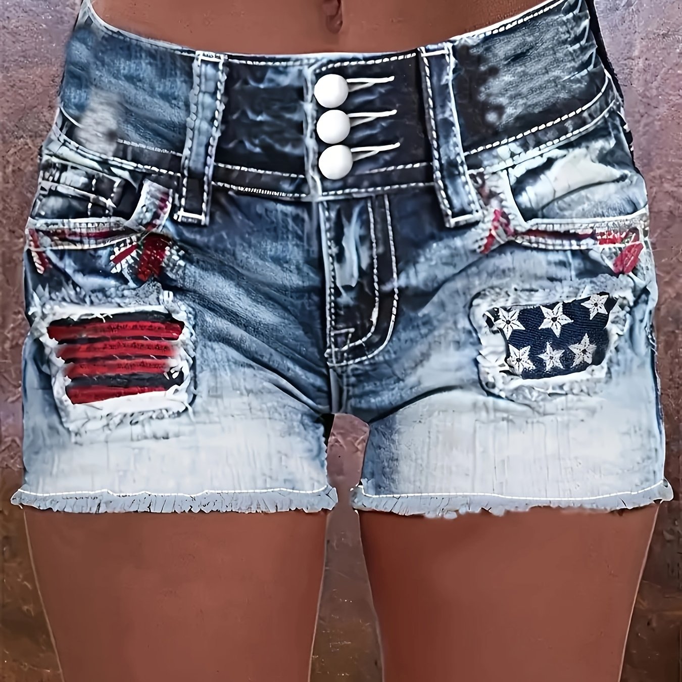 Image of Women's Vintage High-waist Denim Shorts With American Flag Embroidery, Distressed Wash, Button Closure, And Frayed Hem - Light, Casual Summer Outfit, High Waisted Shorts Denim Shorts
