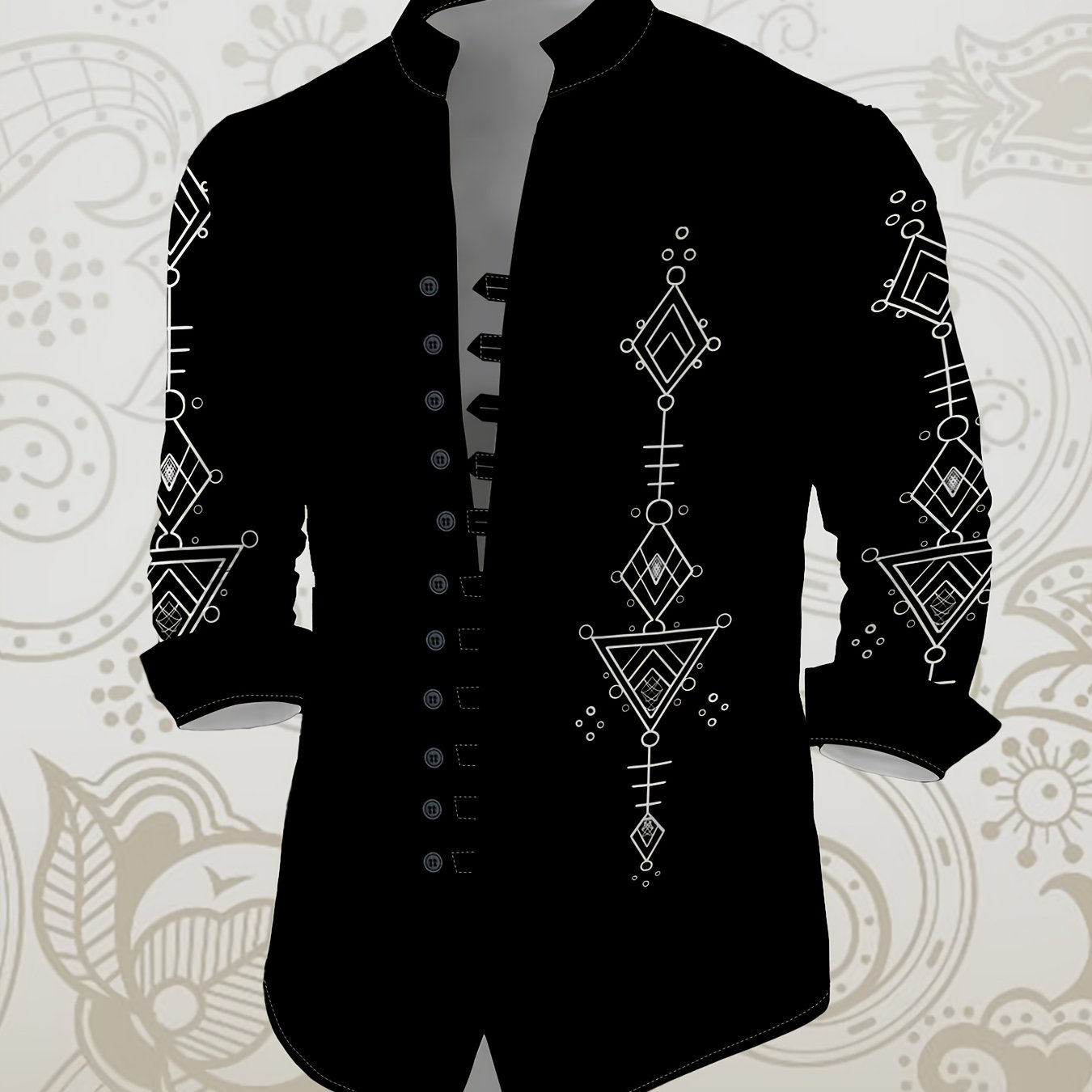 TEMU Men's 11-button Stand Collar Shirt With Geometric Totem Print - Small Long Sleeve Button-front Blouse Top | Machine Washable Summer Casual Shirt