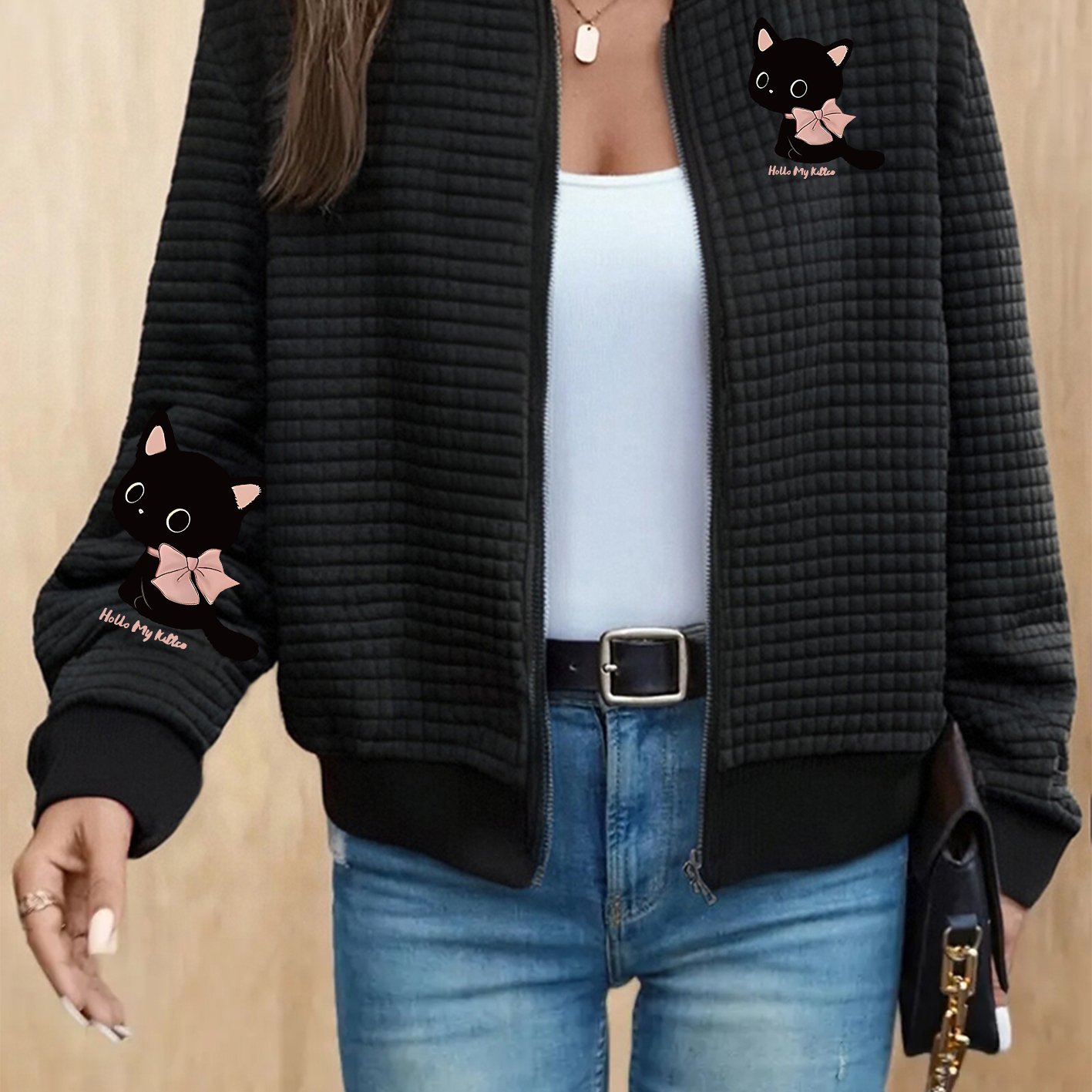 TEMU Veste décontractée à imprimé chat pour femmes, col baseball en waffle avec fermeture éclair - , lavable machine, motif géométrique