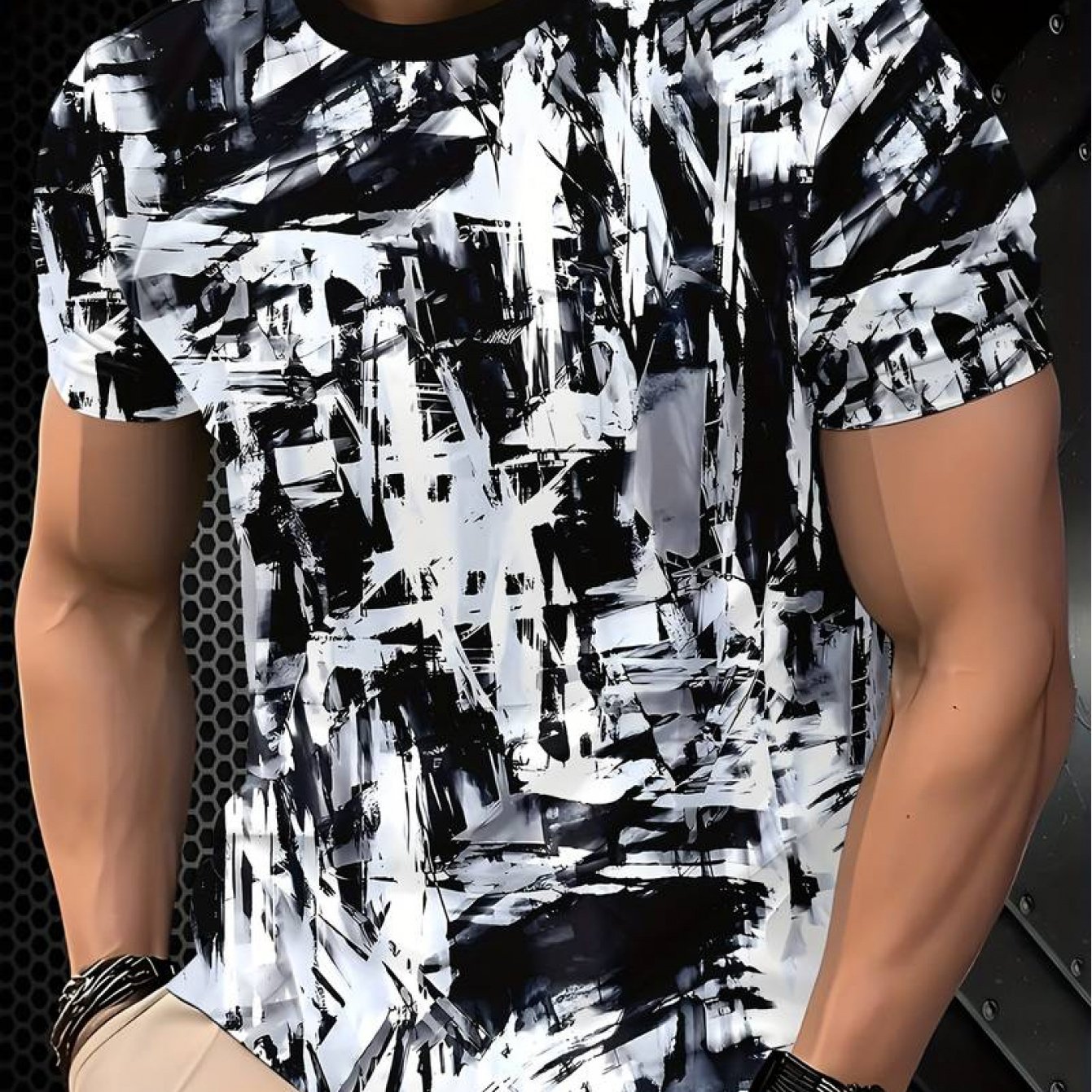 TEMU Short-sleeved T-shirt With Black And White Abstract Graffiti, - Round Neck Top For Men