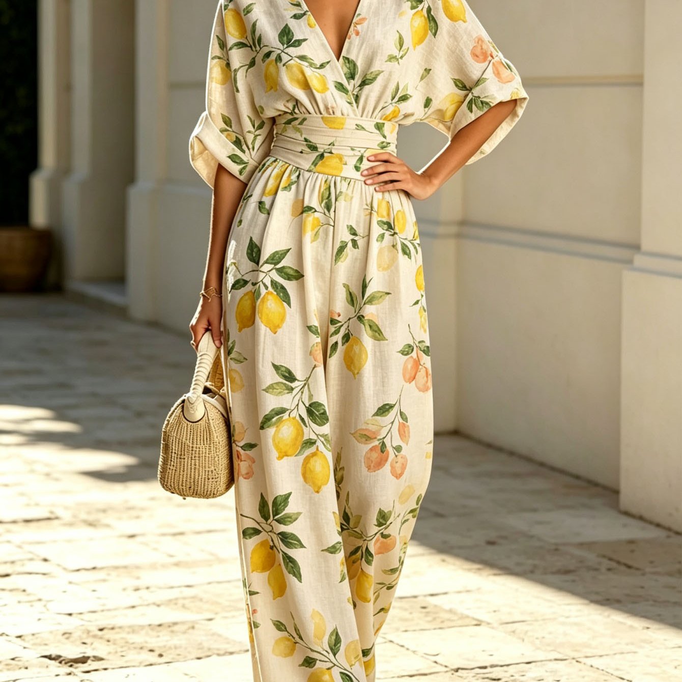 Plus Size, Fresh Fruit Plant Wide-leg Jumpsuit Women's Loose Short-sleeved Plus Size Women's Southern Outing Market Shopping Gentle Atmosphere Casual 1pc