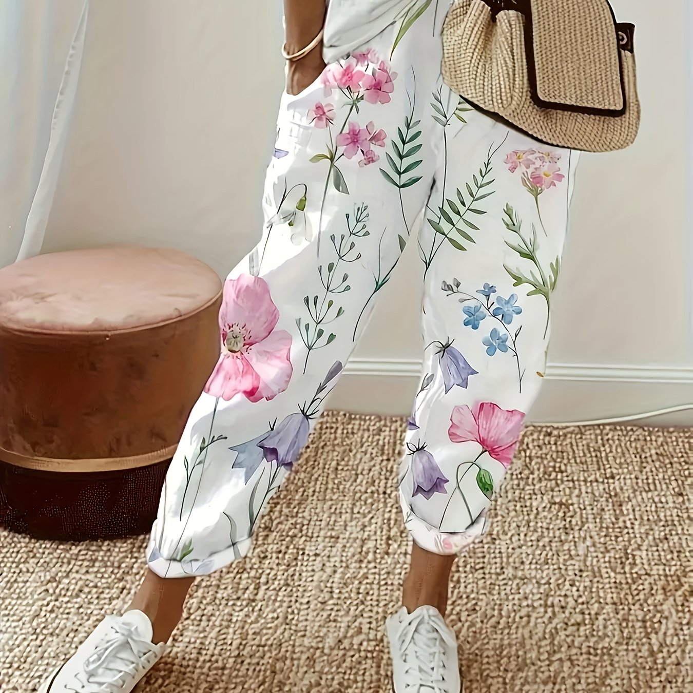 Easy Floral Print All-match Trousers, Women's Casual Loose Elastic Waist Summer Pants, Women's Clothing