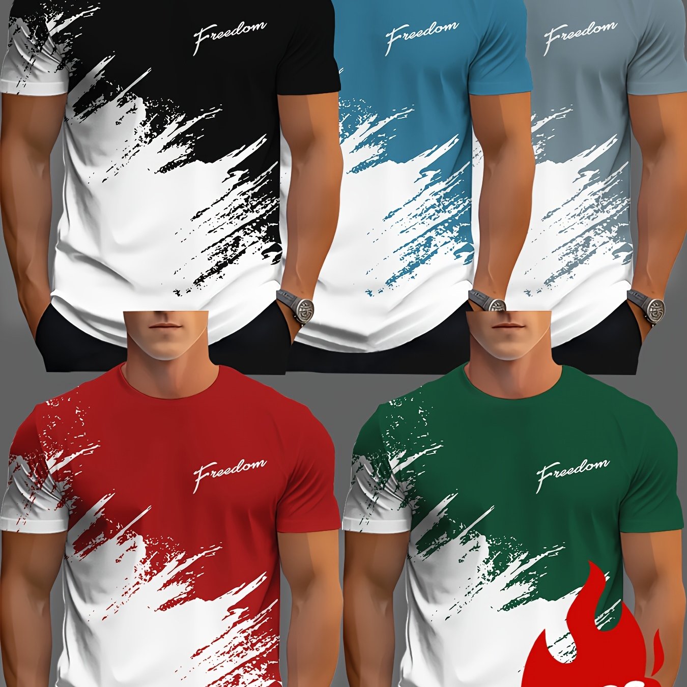 TEMU Men's 5pcs Letter Print Crew Neck Fashion Short Sleeve Sports T-shirts, Comfortable And Versatile, Suitable For Summer And Spring, Athletic