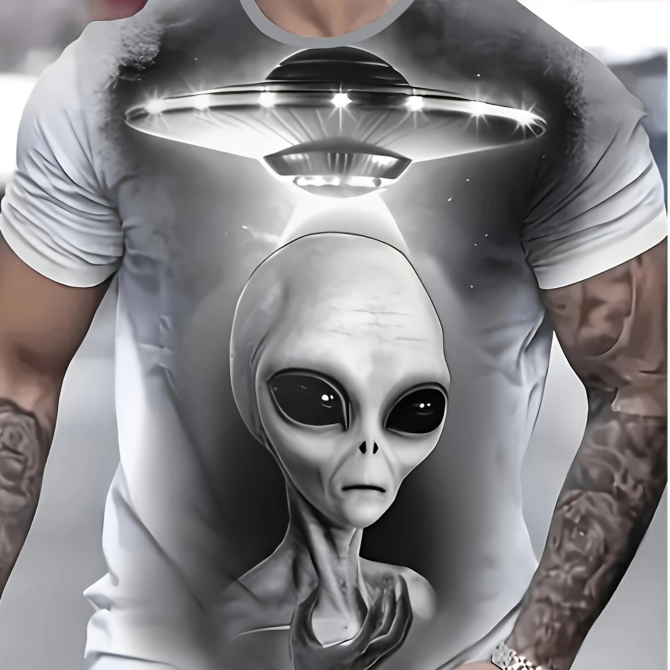 TEMU Men's Ufo Spaceship Print T-shirt - Full-body Futuristic Design Short Sleeve Crew Neck Tee, Machine Washable Regular Fit Casual & Sports Wear