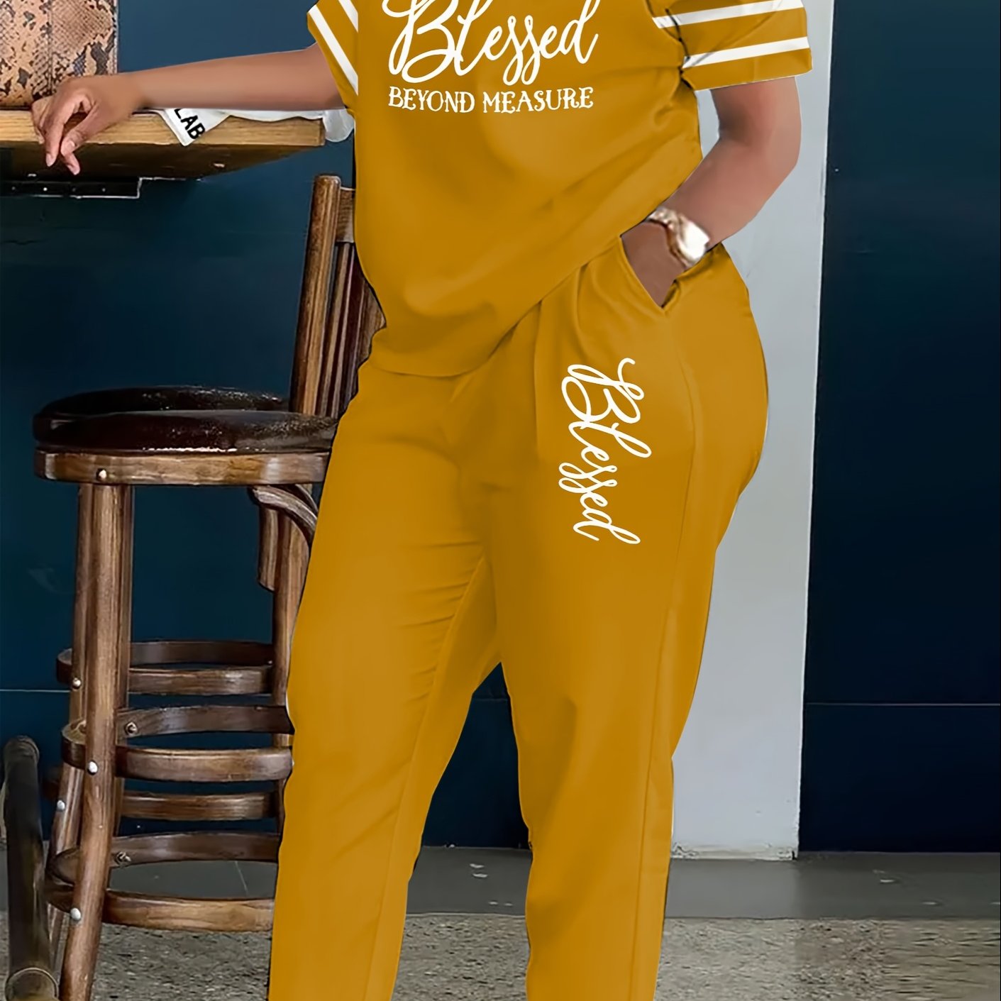 TEMU Plus Size, Ladies Plus Size 2pcs Suit, Letter Printing With , Pinstripe, Trousers With Pockets, Ladies' Daily Casual Fashion Suit.