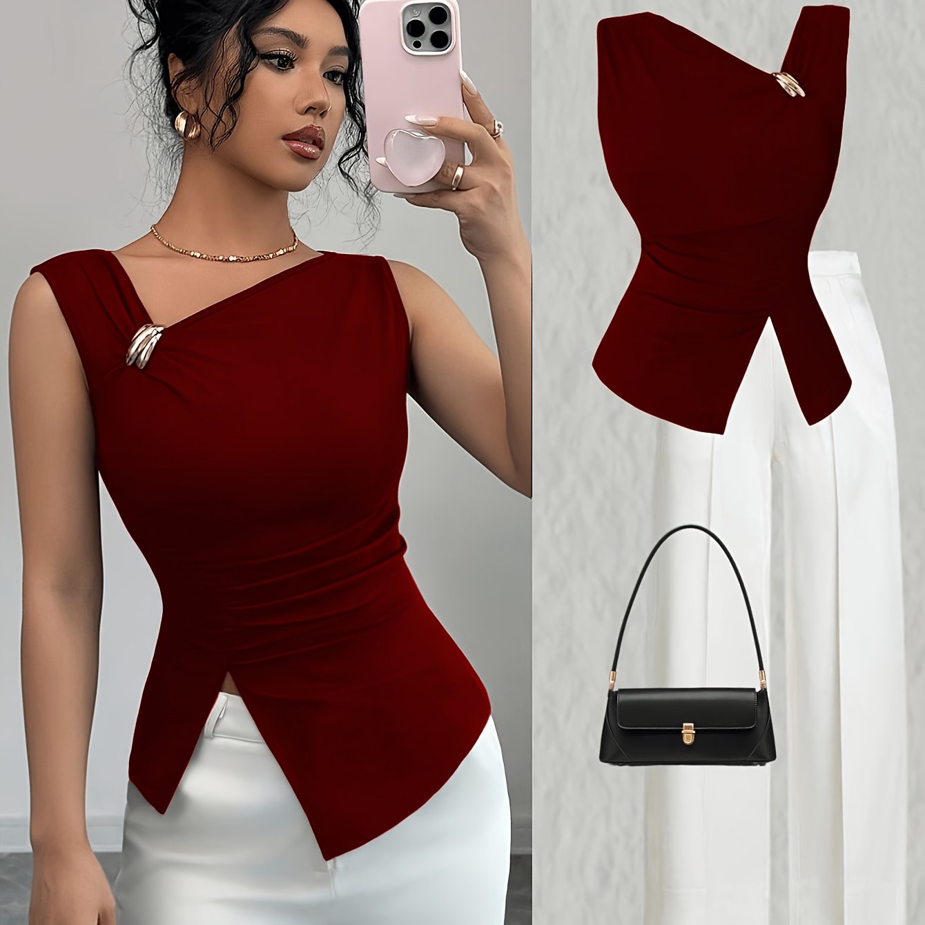 TEMU Camiseta de moda para mujer con dobladillo con abertura lateral, escote de inclinado y adornos de accesorios