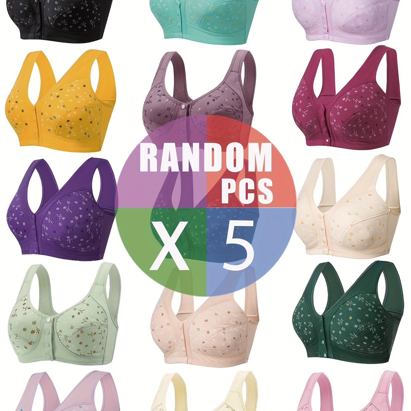 TEMU 5pcs Set Of Large-sized Women's Elegant Floral Print Front-fastening Underwire-free Bras In Random Colors, Soft And Breathable Large-sized