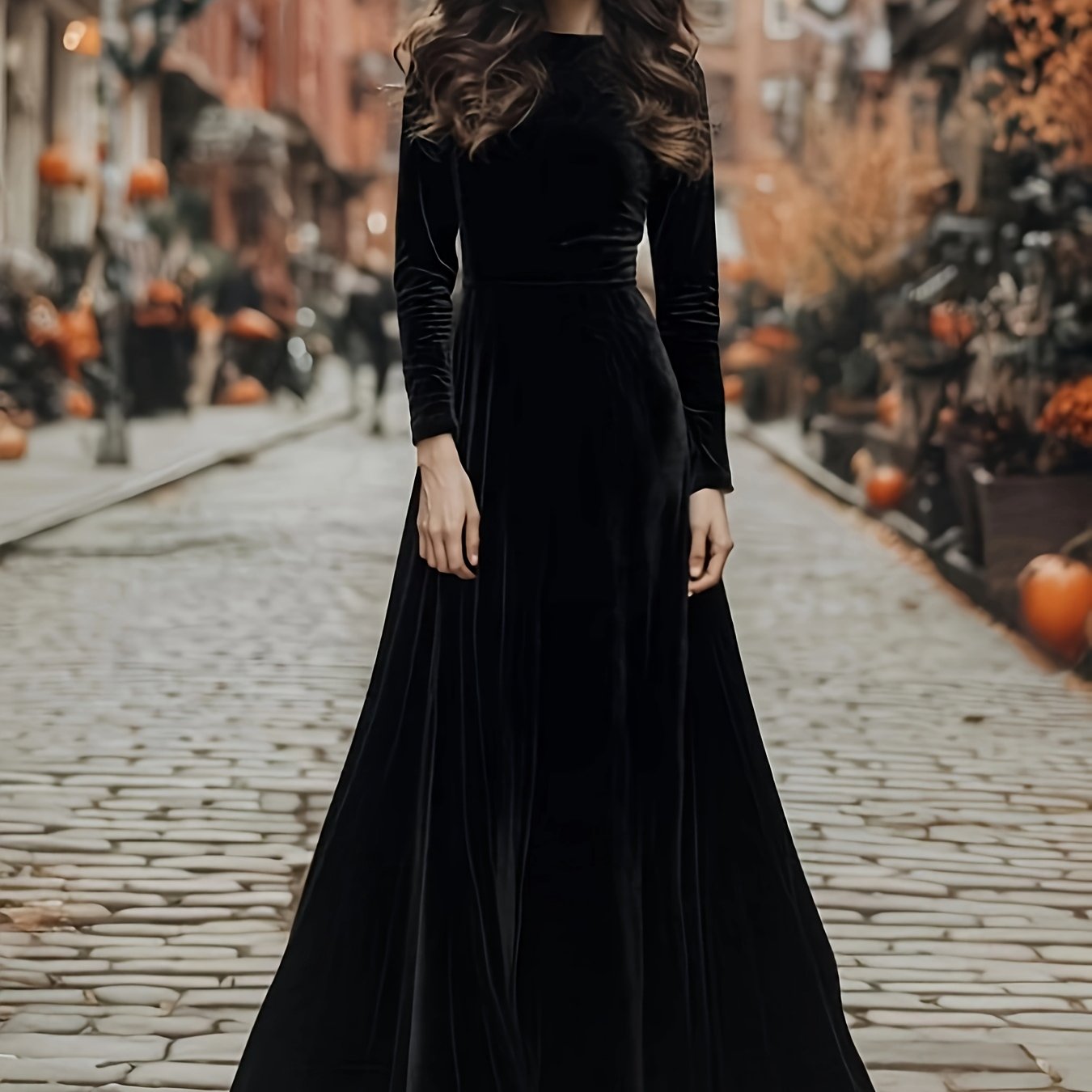 TEMU Women's Retro Dark Gothic Style Long Sleeve Long Dress With Velvet Texture, Halloween Witch Costume Dress, Classic Round Neck Long Sleeve Style,