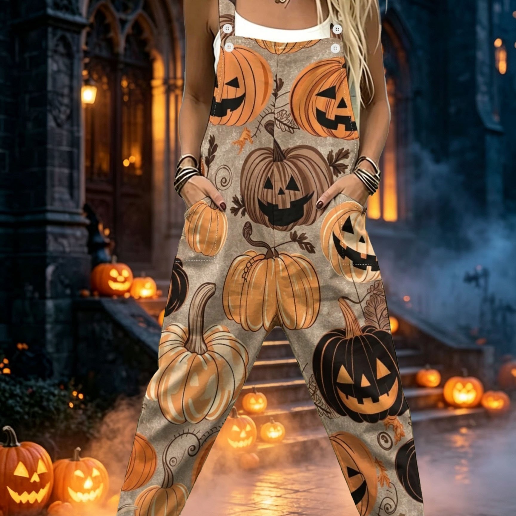 TEMU Women's Leisure Overalls, Pumpkin Gourd Jack-o'-lantern Winter Squash Arts Produce Sleeveless Button Design With Pockets, Suitable For Vacation