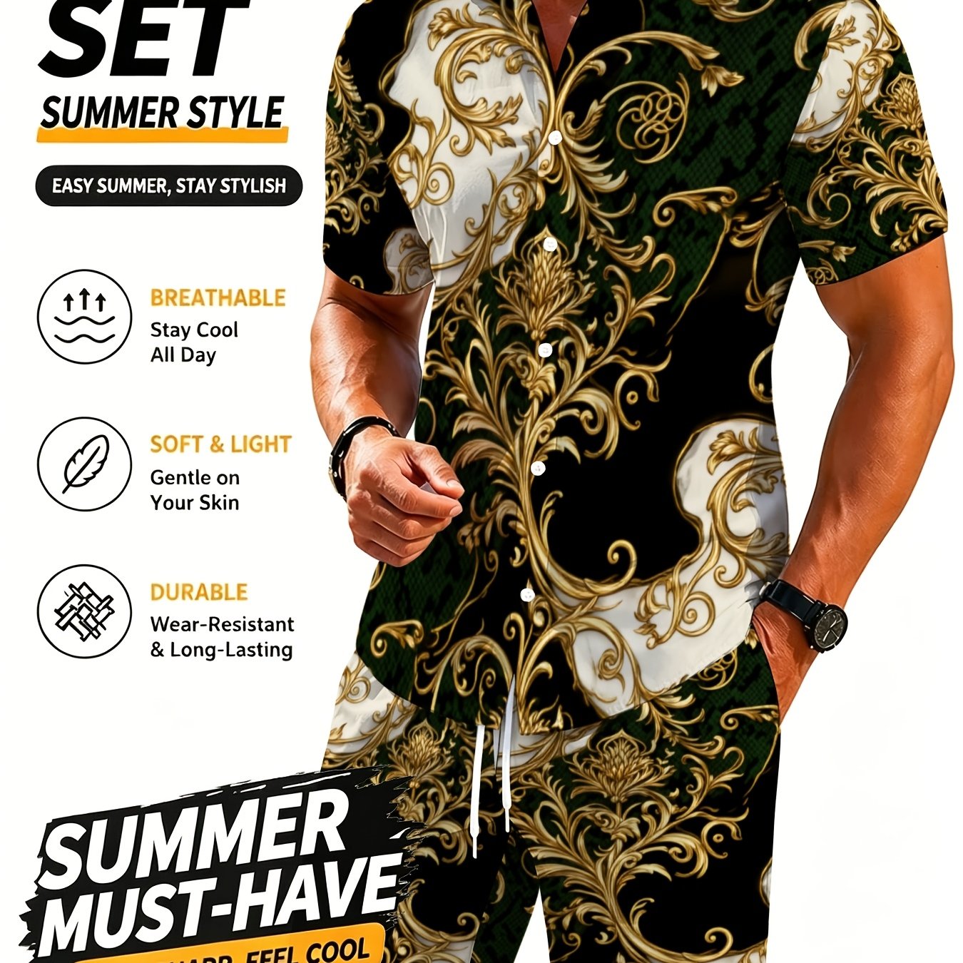 TEMU [printed Design Not Textured]men's Short Sleeve Shirt And Pants Set In Bla With Golden Floral Print, Lightweight Polyester Fabric For Casual Wr