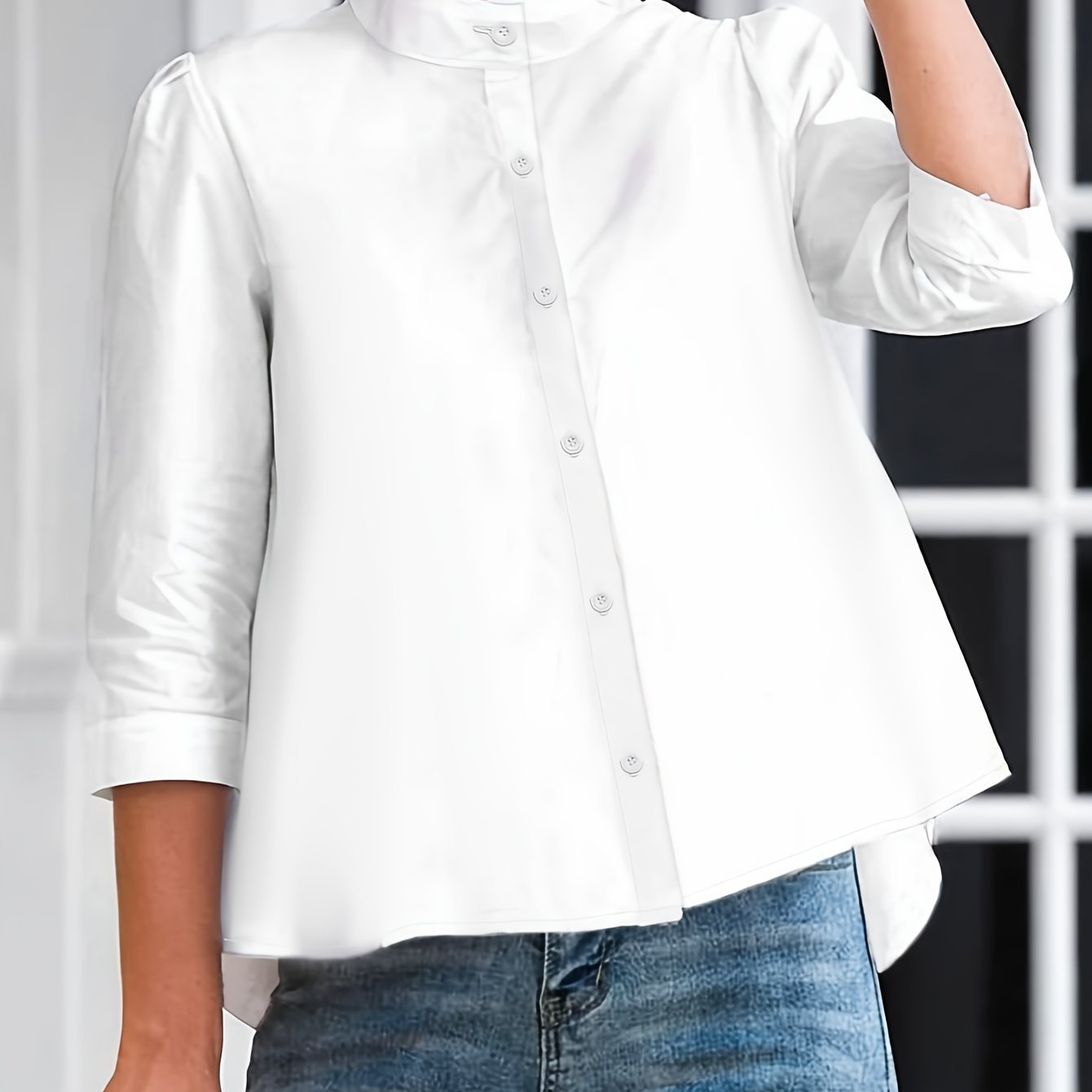 TEMU Solid Color Button Front Blouses, Elegant Mock Neck Long Sleeve Blouses For Spring & Summer, Women's Clothing