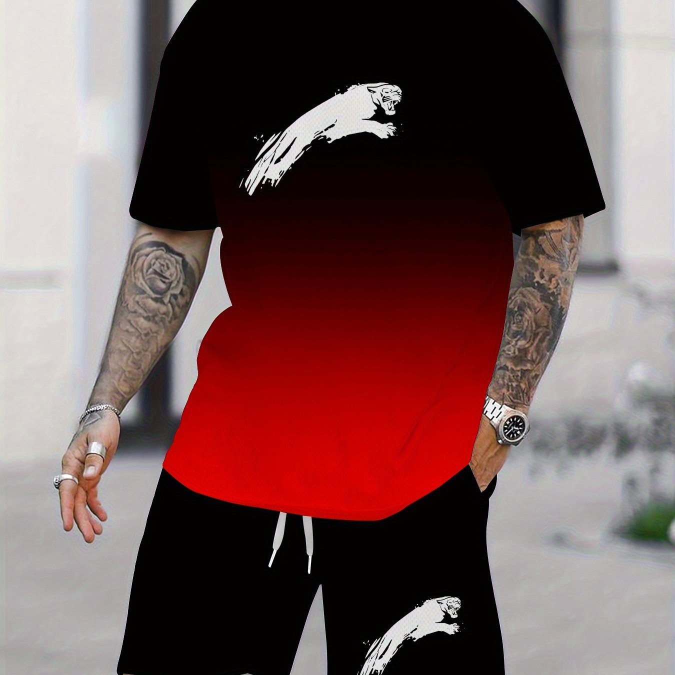 TEMU Men's Casual 2pcs Set | Round Neck Short Sleeve T-shirt And Drawstring Pocket Shorts, Ribbed Knit Fabric, Slightly Stretchy Regular Fit, Summer