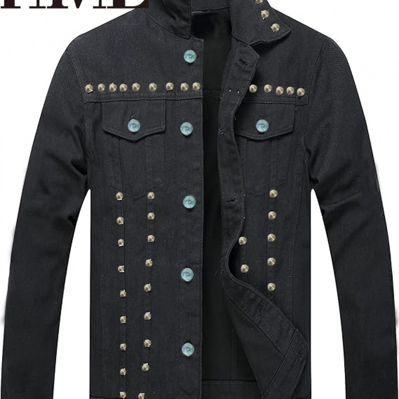 Image of [hme]men's Black Streetwear Denim Biker Rivet Accents, Vintage Washed Distressed Design, Slim Fit. Button-front Closure, Edgy Street Style, Versatile For Casual Wear