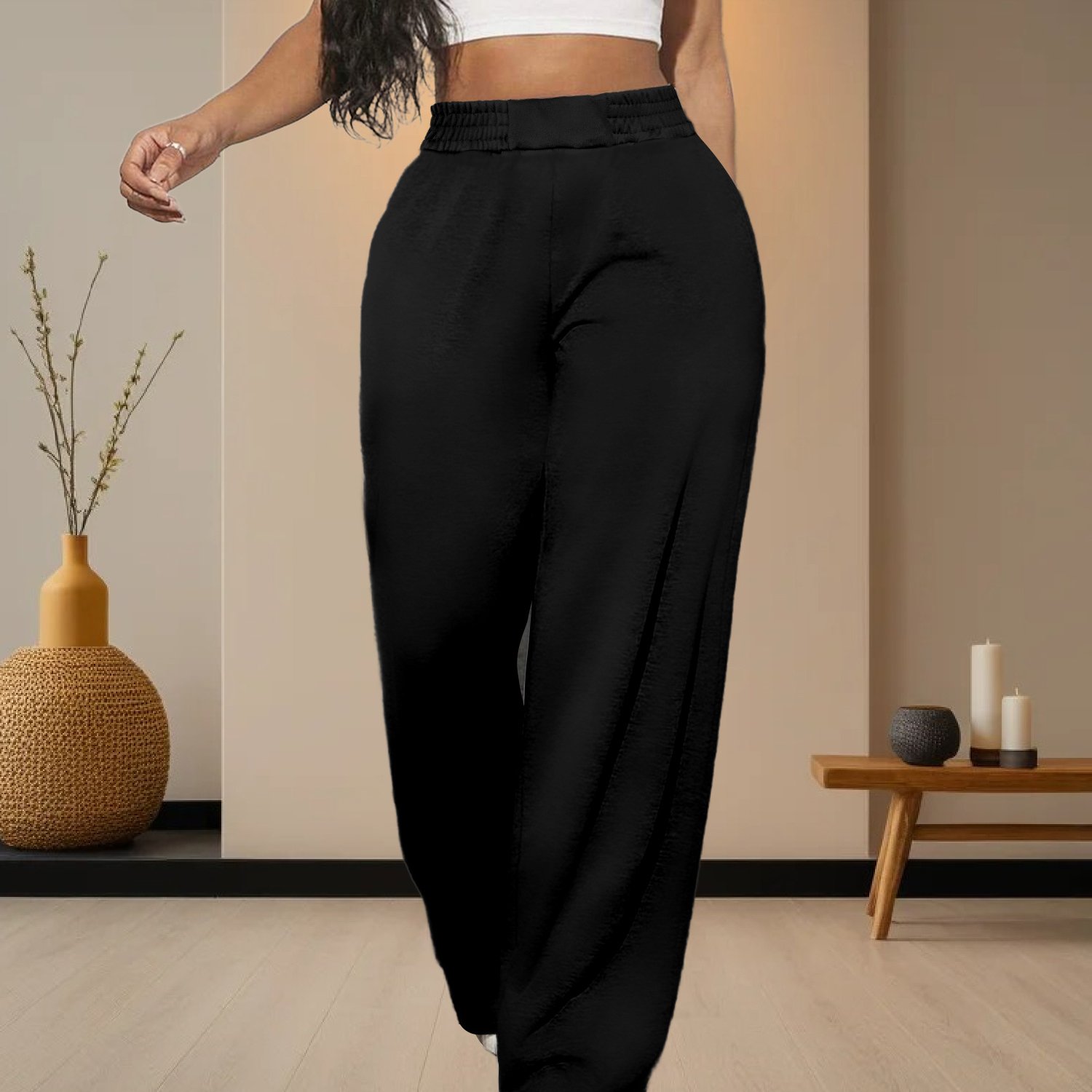 TEMU Women's Casual Loose High-waisted Floor-length Pants, Practical Loose Trousers Made Of 230g Fabric With Pockets And Machine Washable, In Solid