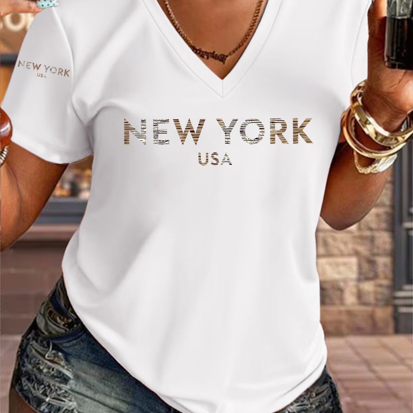 TEMU 1pc V-neck Printed T-shirt Fashion Casual Design With Usa Lettering On Chest Easy And Elegant Suitable For Daily Wear Summer New Y2k Style