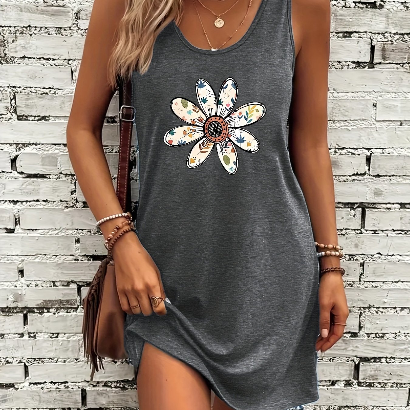 TEMU Overseas Printing Vintage Floral Graffiti Pattern Elegant Dress Creative Small Daisy Print Summer Casual Classic Dress Vintage Mid-length