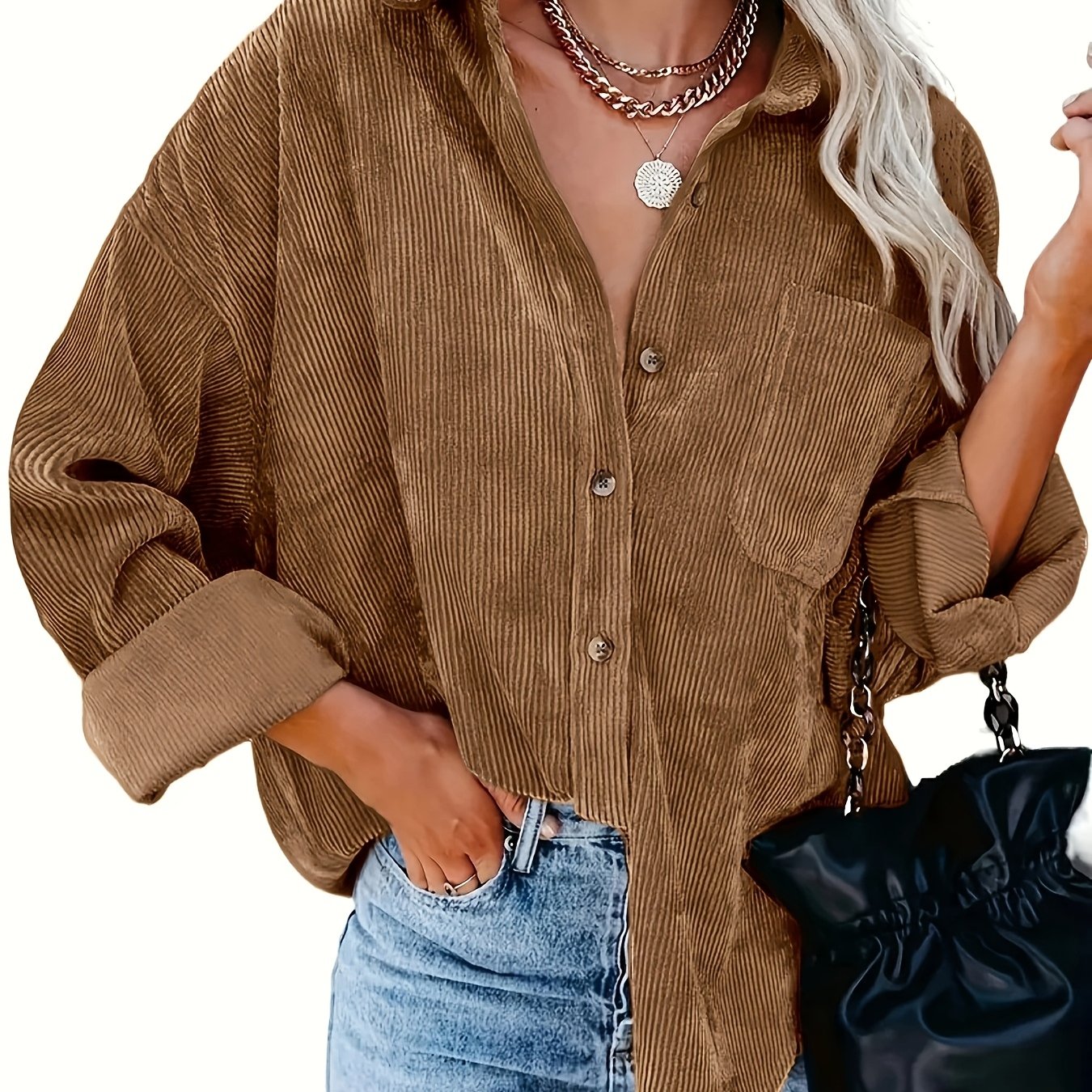 E-shop Damen Freizeithemd in Unifarben mit Langen Ärmeln und Vordertasche - Polyester, Maschinenwaschbar, Nicht Dehnbarer Stoff