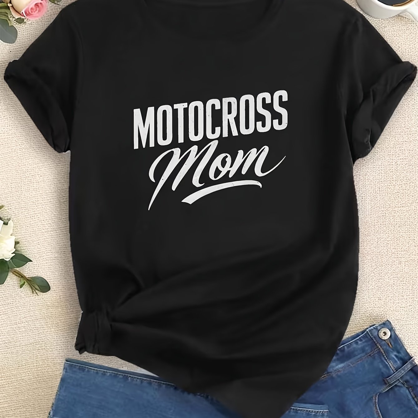 TEMU Motorcycle Off-road Mom Pattern Printed T-shirt, Casual Short Sleeve Round Neck Design, Perfect For Spring And Summer Women's Fashion