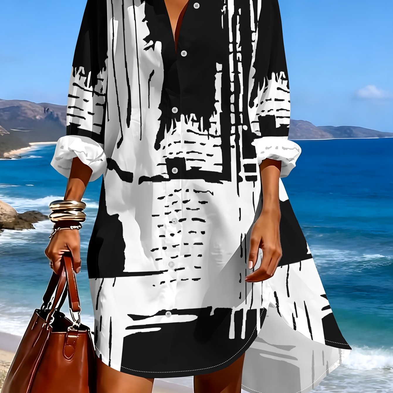 TEMU Women's Black And White Abstract Line Art Pattern Long Sleeve Shirt, Suitable For Casual And Vacation