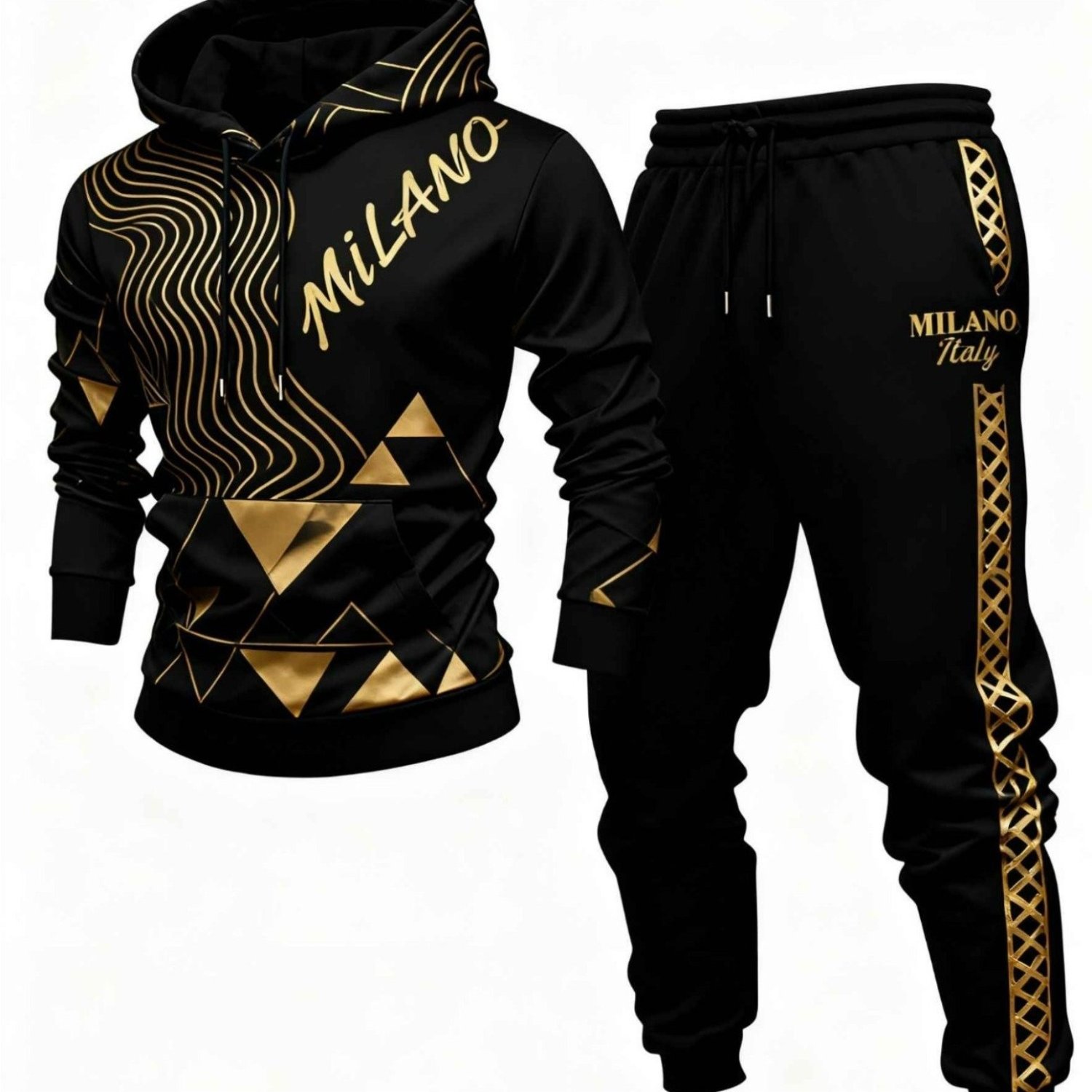 Image of Men's Fashion Italy Golden Geometric Hooded Tracksuit Street Style Casual Wear Holiday Gift Adult Male Sportswear