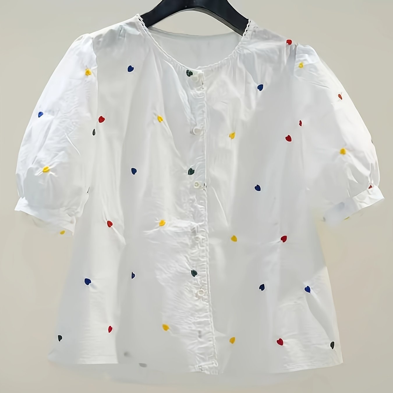 TEMU Love Embroidery Round Neck Puff Sleeve Short Sleeve Blouse Women's Summer