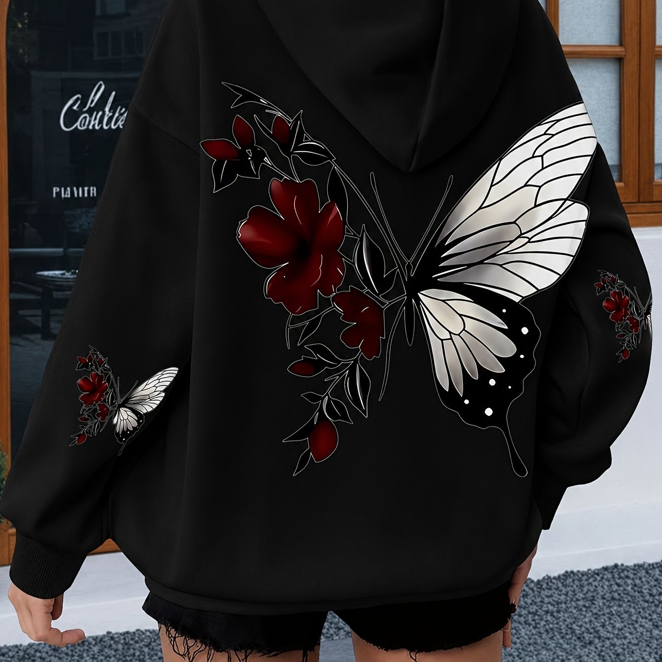 Image of A And Flowers Theme Hoodie Woman's Hoodie High Quality Thick Sweatshirt Autumn Winter Wear For Casual Gift For