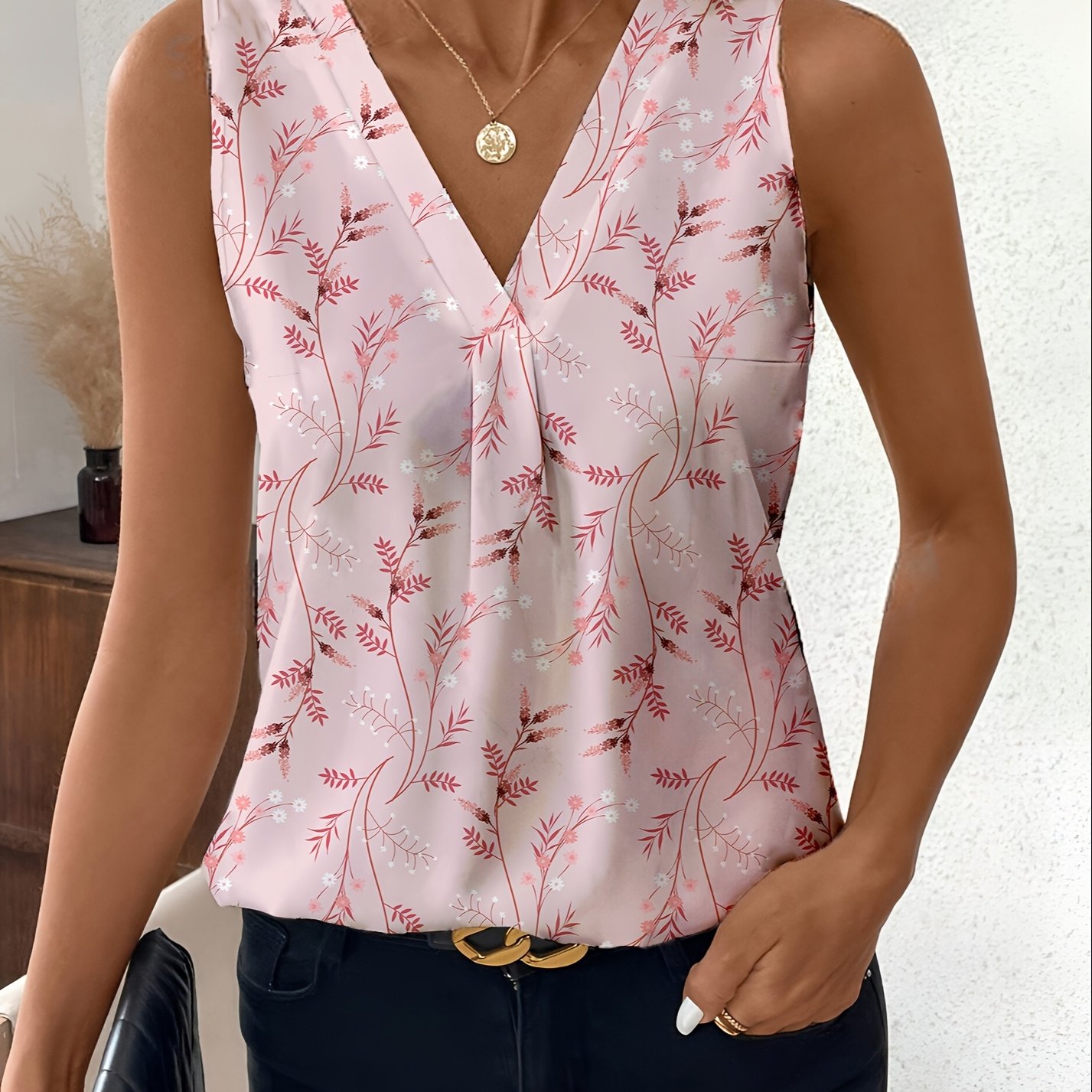 E-shop Damen-Sommer-Tanktop in Übergröße, schönes Grundierungs-Blattmuster, elegantes Damen-Tanktop in Übergröße, dehnbares V-Ausschnitt-Top mit
