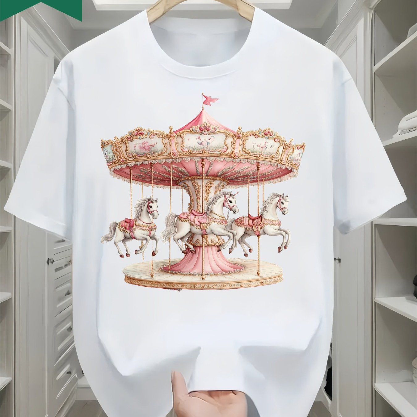 TEMU 1pc Carousel Of Men's & Women's Short-sleeve T-shirt - Soft 180g Cotton Vintage Carousel Horse & Print In Pink &, Round Neck Casual Streetwear,