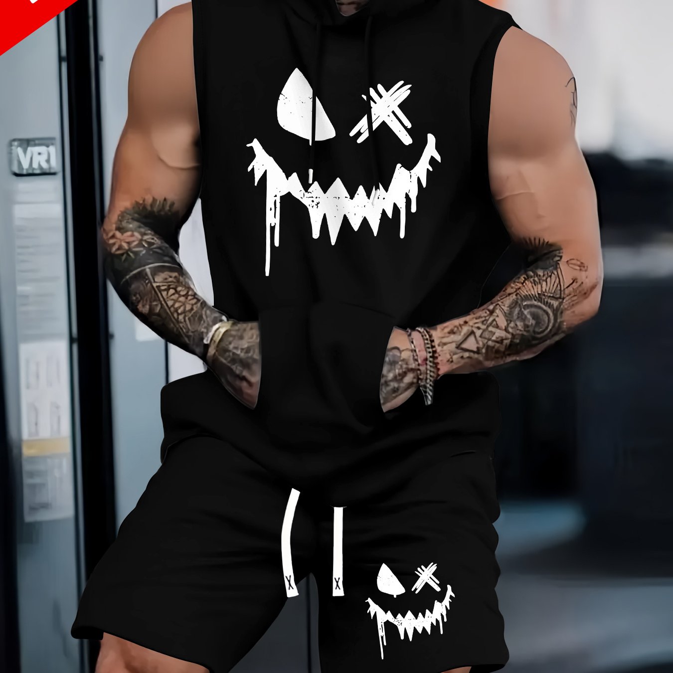 TEMU Hooded Vest Set With Print, Suitable For Summer Sports, Gym Training, Outdoor Activities, And Casual Wear. Sleeveless Hooded T-shirt Vest And