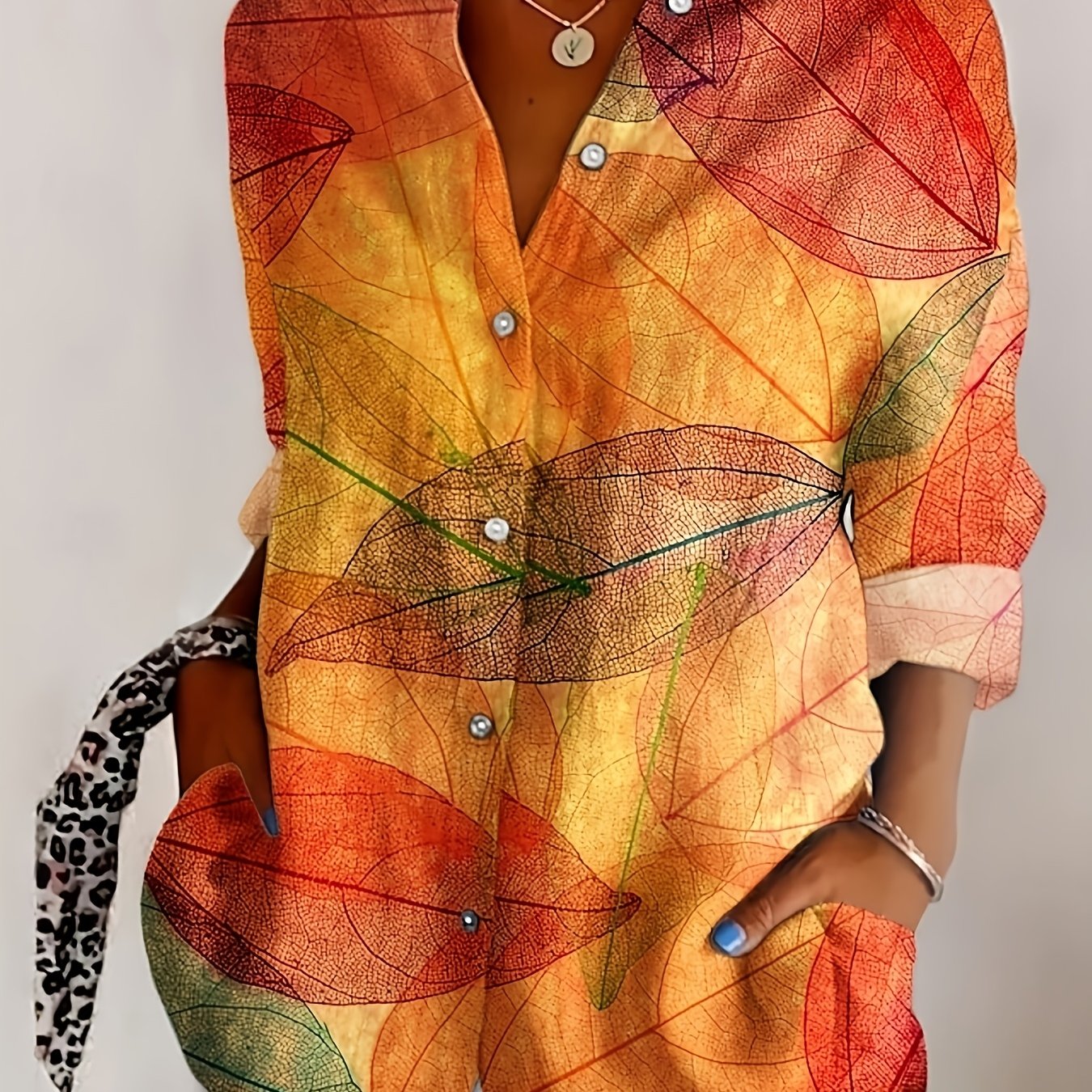 TEMU Elegant Vintage Tropical Style Women's Shirt, Printed Leaf Pattern, Button- Collar, Long Sleeves, Regular , Suitable For Daily Work, , Leisure,