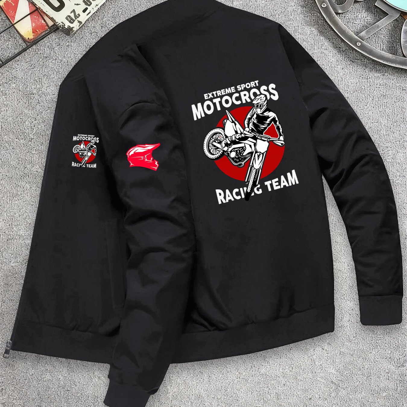 TEMU Veste de motocross tendance de haute qualité | Imprimé aléatoire multicolore, col baseball, fermeture éclair, détails de poches, convient aux