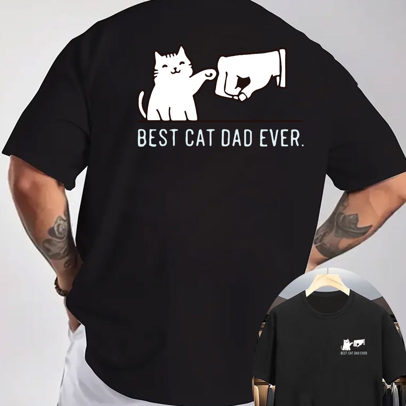 TEMU Men's Funny Cat Dad T-shirt - Light Grey Father's Day Gift - Breathable Knit Fabric Regular Fit Tee - Best Cat Dad Ever Back Print - Machine