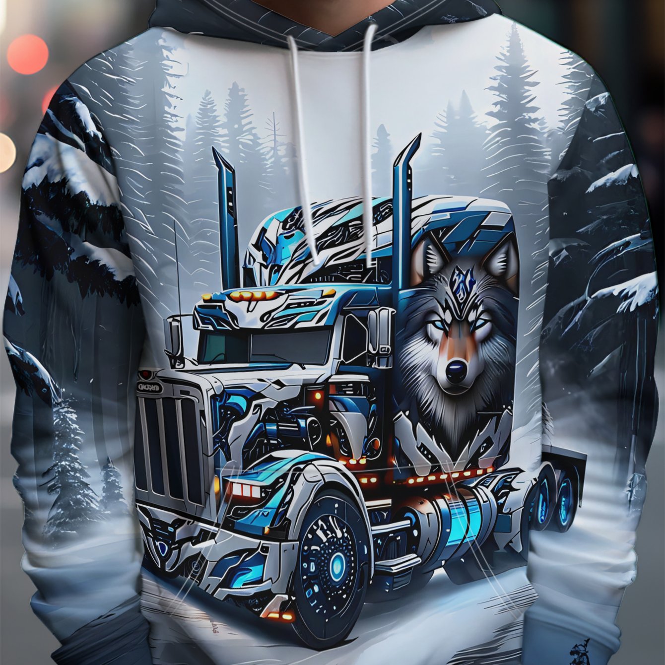 TEMU Men's Individual Style Hooded Sweatshirt, Snow Forest Blue With Wolf Standing - Full Street Style, Rich And Artistic Pattern Elements, Easy To