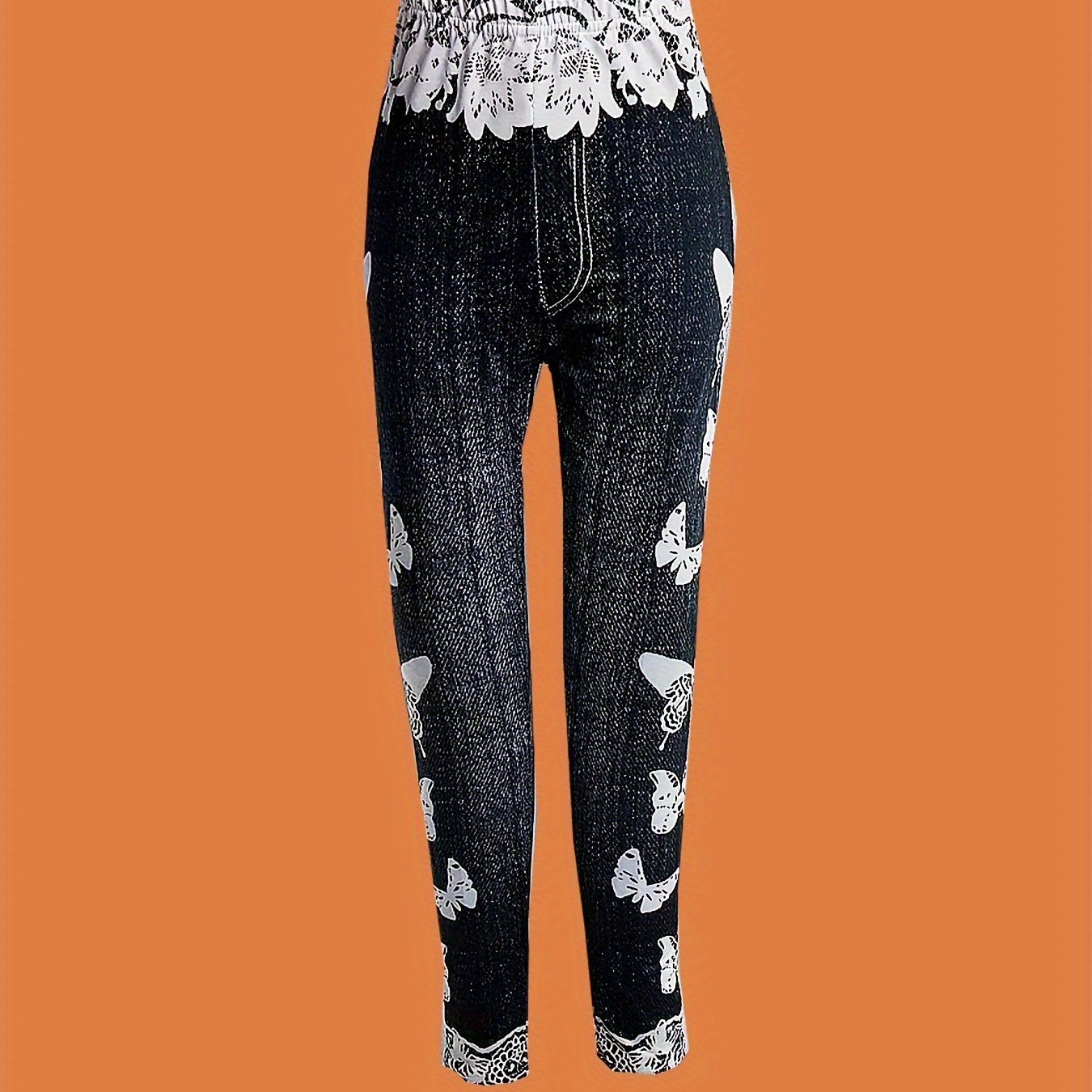 Girls ( Not Jeans) Imitation Denim Print High Waist Chic Trousers Casual  Slim Fit