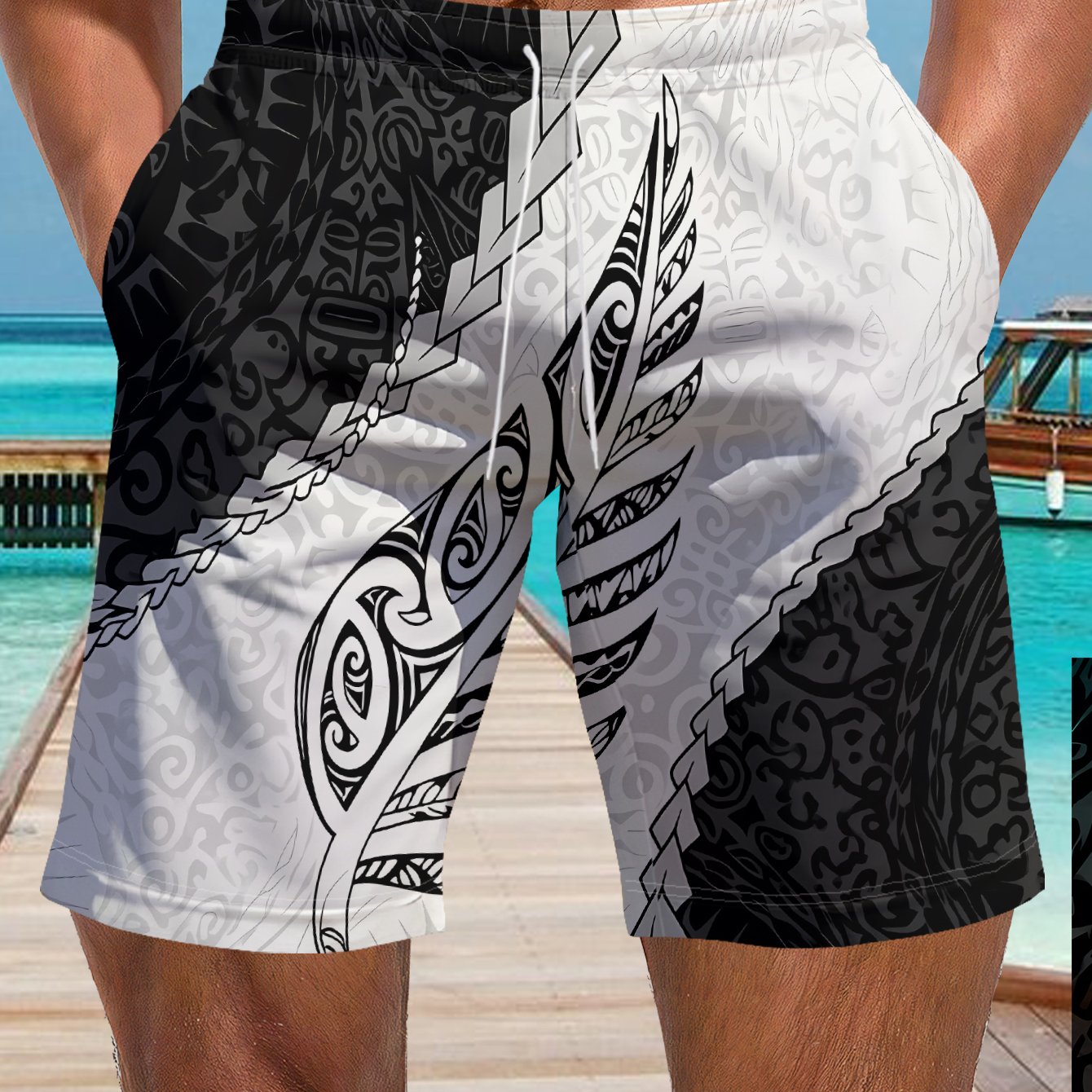TEMU Men's Individual Trendy Brand Casual Shorts Black And , With Maori Style Feather Pattern And Complex Traditional Interweaving - Street Style