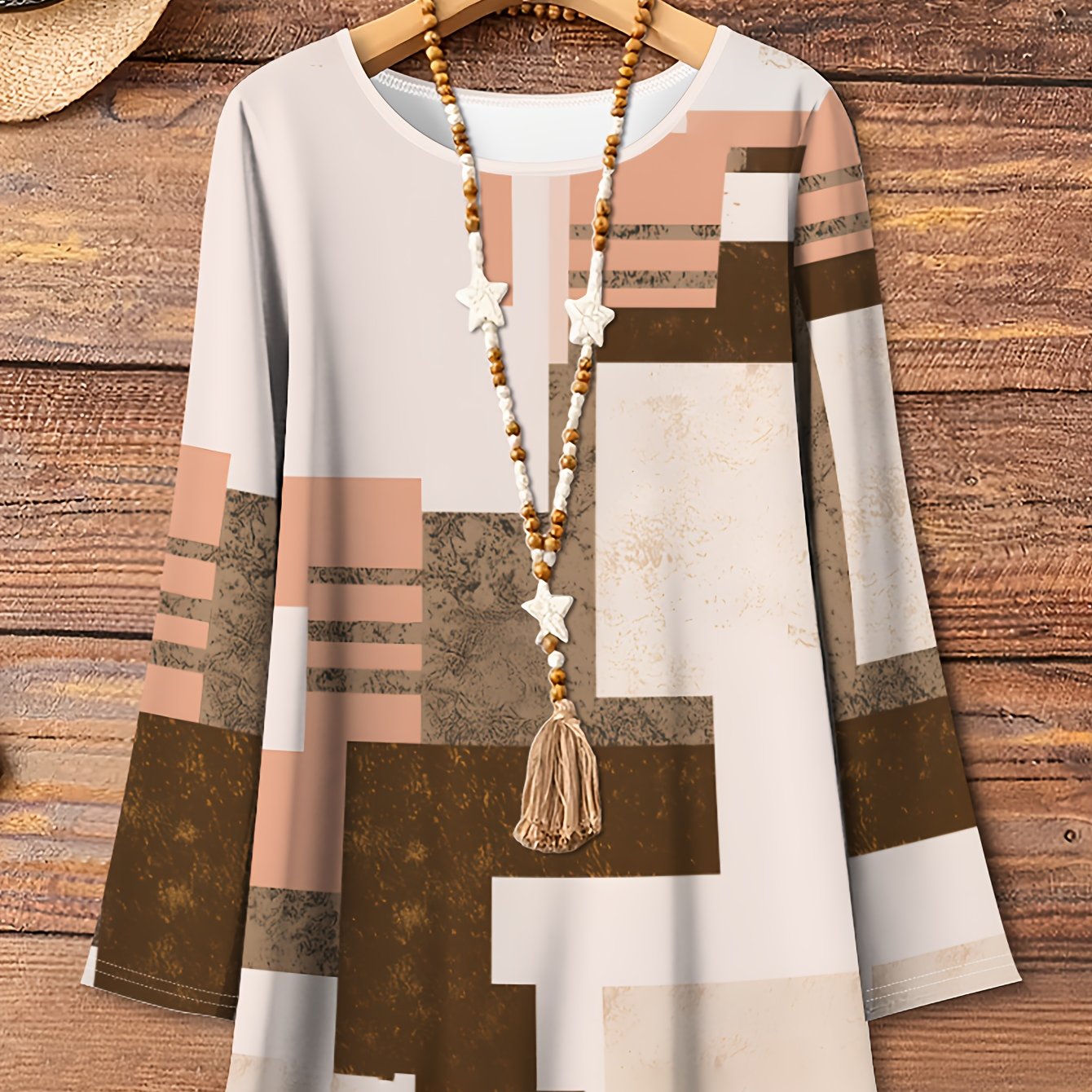 TEMU Plus Size Women's Autumn Printed Casual Round Neck Long Sleeve T-shirt, Machine Washable Top Suitable For And Outdoor Wear