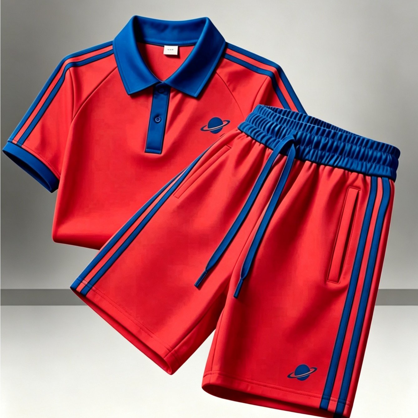 Image of And Blue Color- Sports Set, Short Sleeve, Side Stripe Shorts, College Style Versatile Two-piece Sports Set