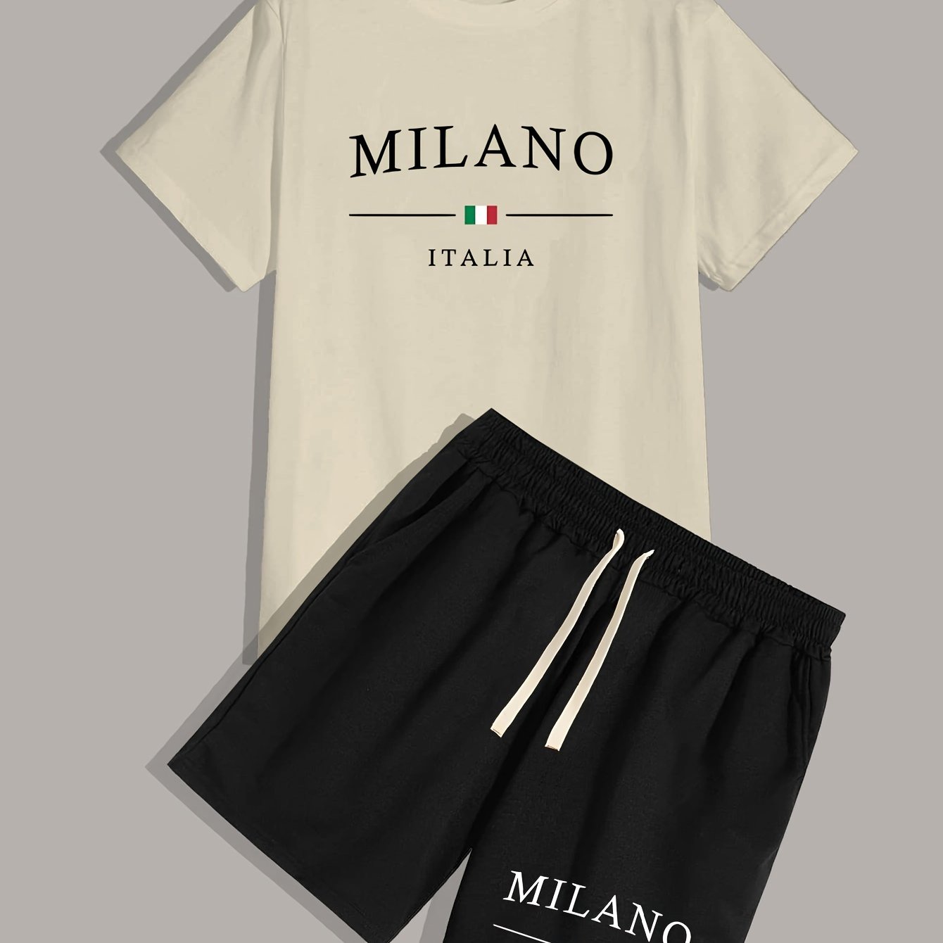 TEMU Italia Letter Print, Men's 2 Pieces Outfits, Crew Neck Short Sleeve T-shirt & Drawstring Ord Set For Summer, Outdoor Sports