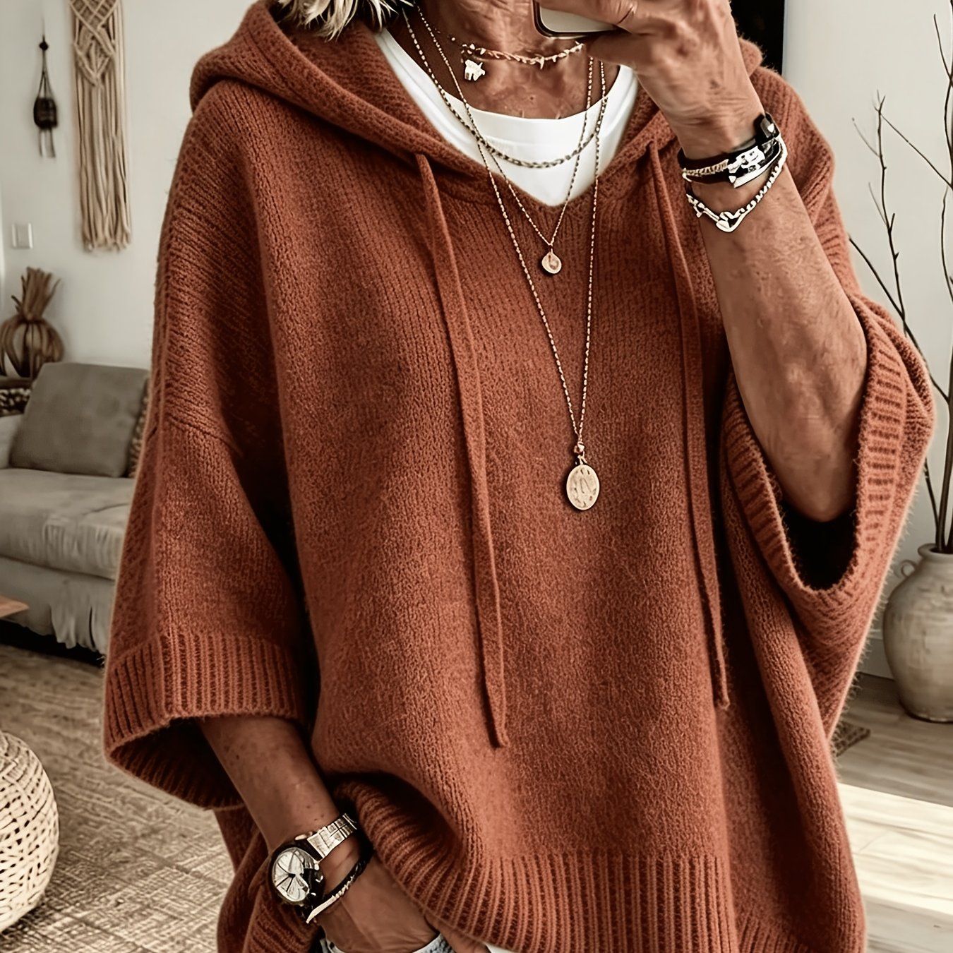 TEMU Women's Elegant Casual Cute Sexy Hooded Sweatshirt, Short Batwing Top, Short Sleeve, Mid-length Cardigan, Sweater, Solid , Soft Warm Sweater