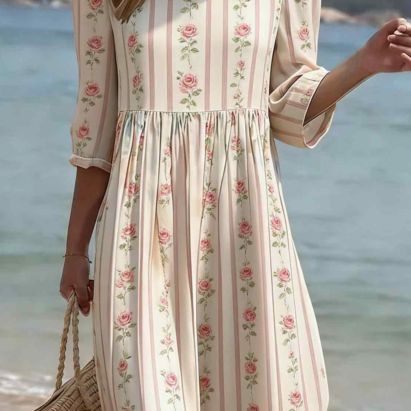 Image of Plus Size - New Arrival Vintage Casual Women Round Neck 3 Quarter Sleeve Midi Dress, Allover Pink Vertical Stripe And Rose Vine Print On , High Waist Gathered Swing Skirt Daily Holiday Outfits