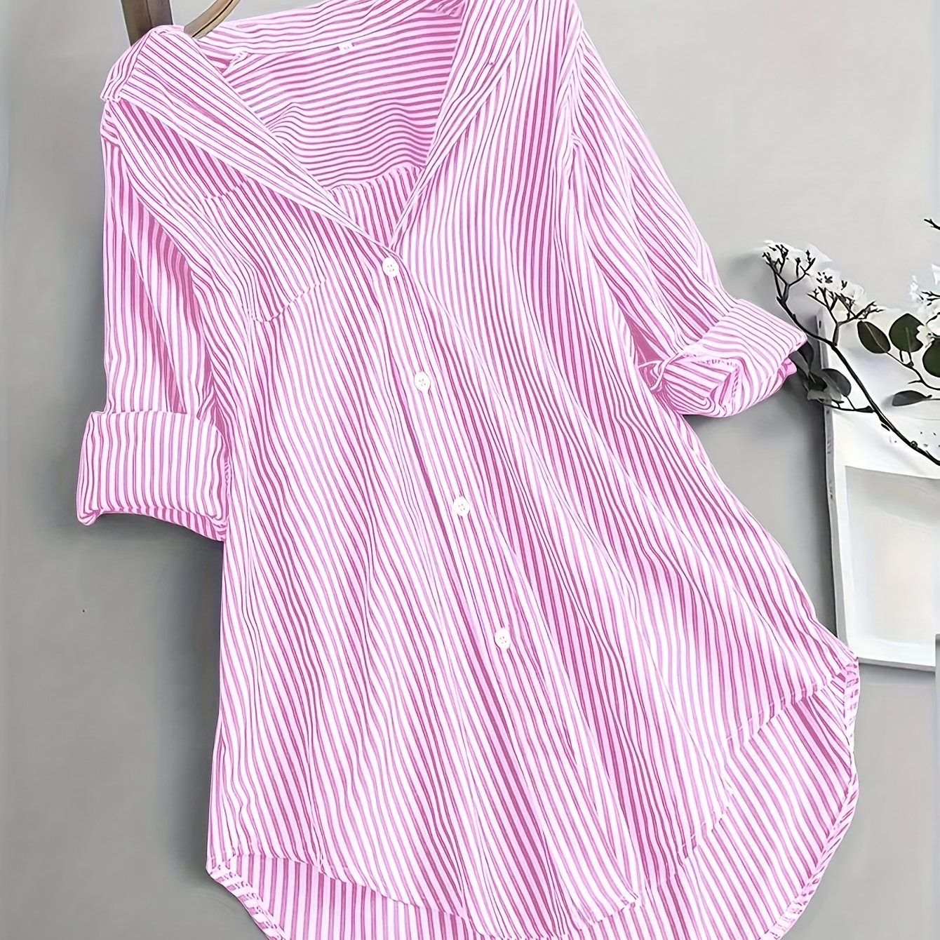 TEMU Women's Striped Single-breasted Long-sleeve Shirt, Versatile Top For Spring, Summer, And Fall